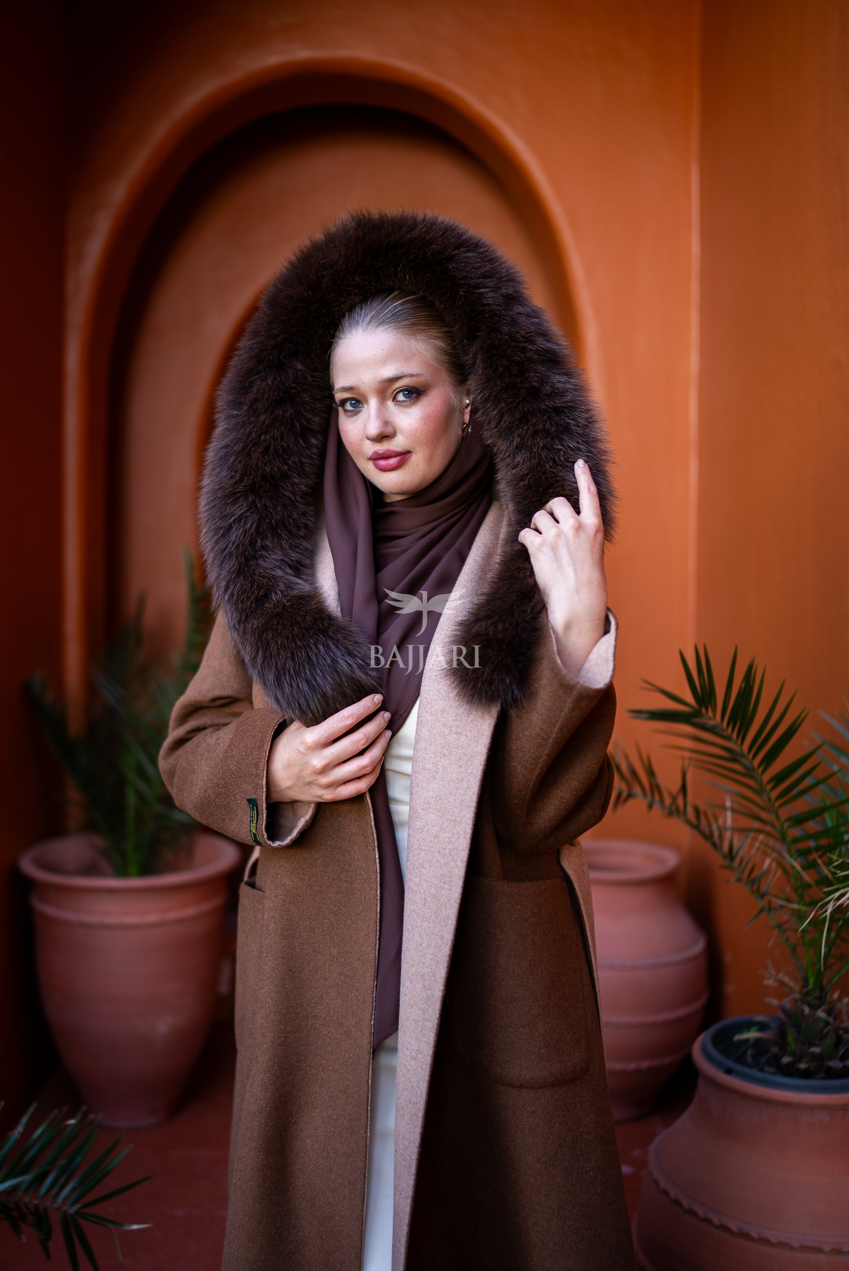 Women's Alpaca Wool Fabric Coat with Soft Fox Fur Trim on the Collar & Special Embroidery on Back Detail -9022-