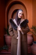 Women's Alpaca Wool Fabric Coat with Soft Fox Fur Trim on the Collar & Special Embroidery on Back Detail -9022-