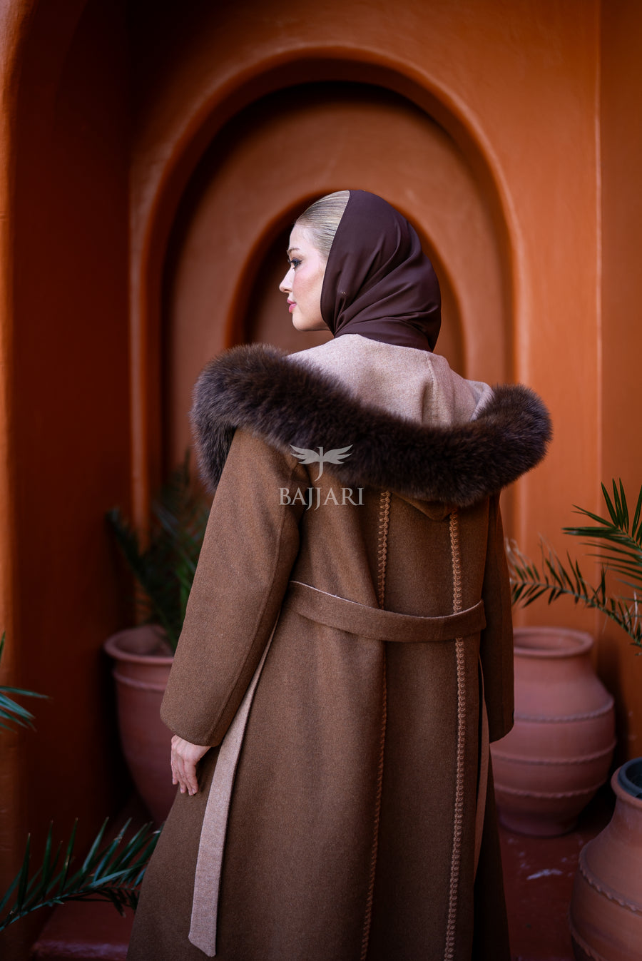 Women's Alpaca Wool Fabric Coat with Soft Fox Fur Trim on the Collar & Special Embroidery on Back Detail -9022-