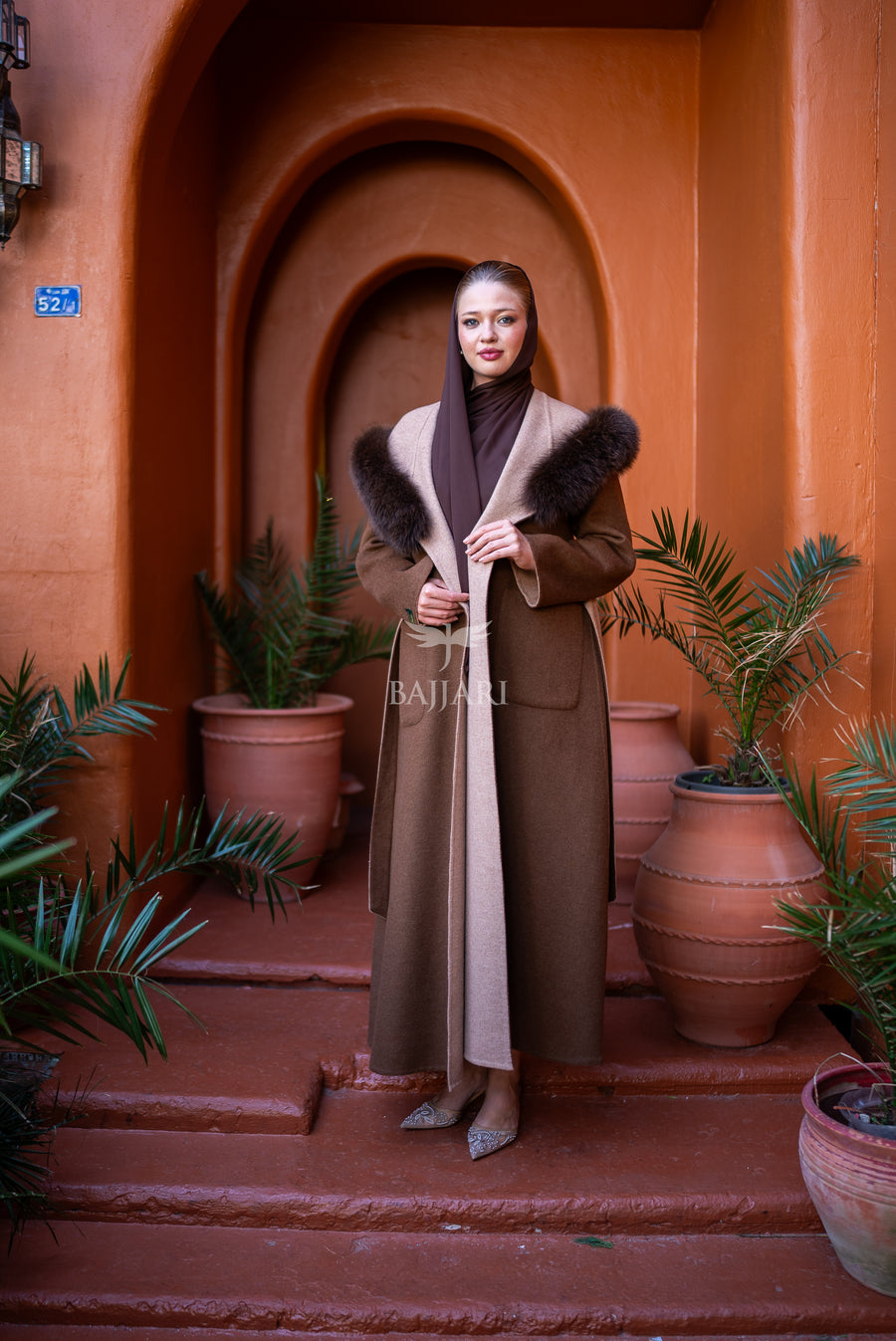 Women's Alpaca Wool Fabric Coat with Soft Fox Fur Trim on the Collar & Special Embroidery on Back Detail -9022-