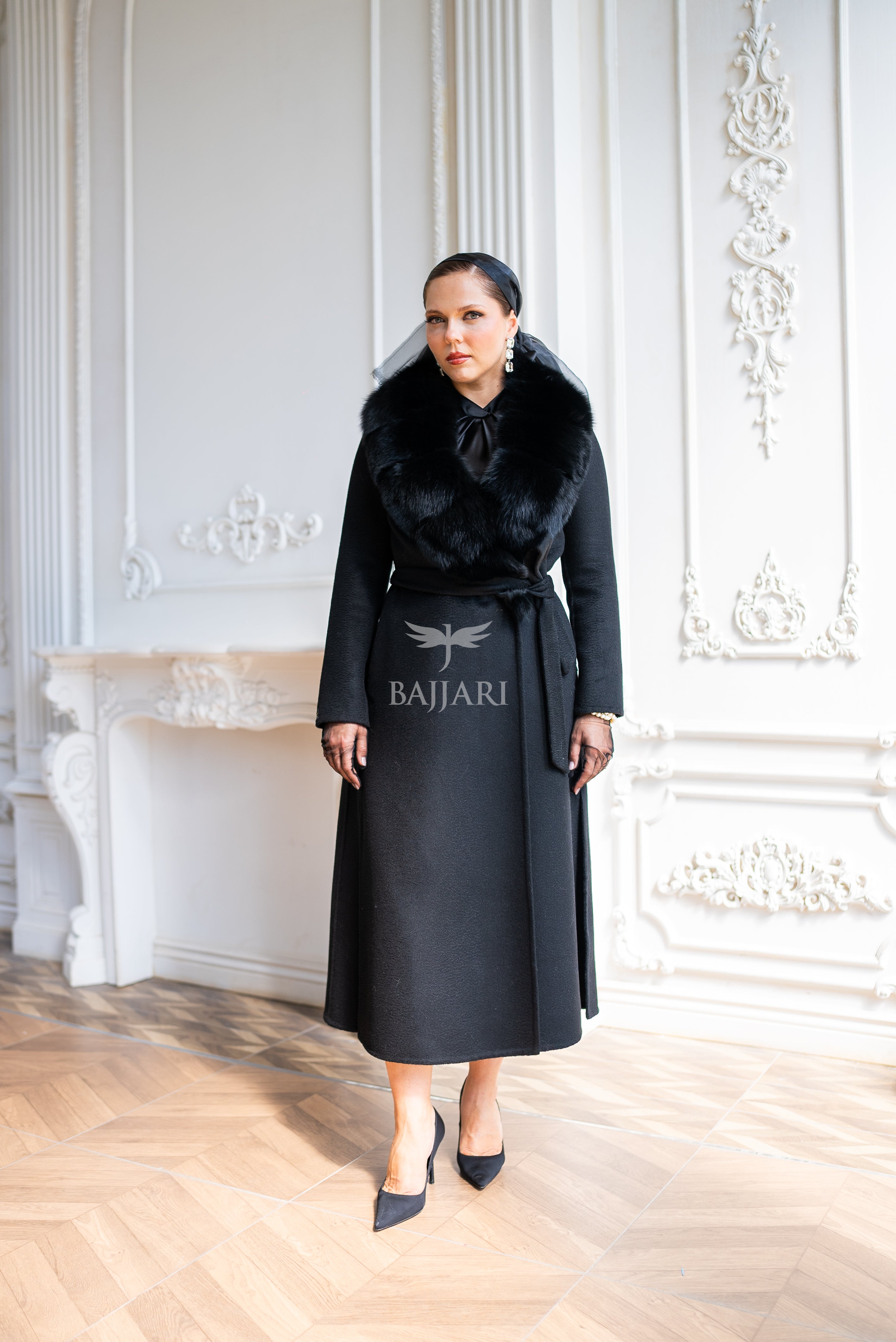 Women's Zibellino Alpaca Wool Fabric Coat with Soft Fox Fur Trim on the Collar -1113-