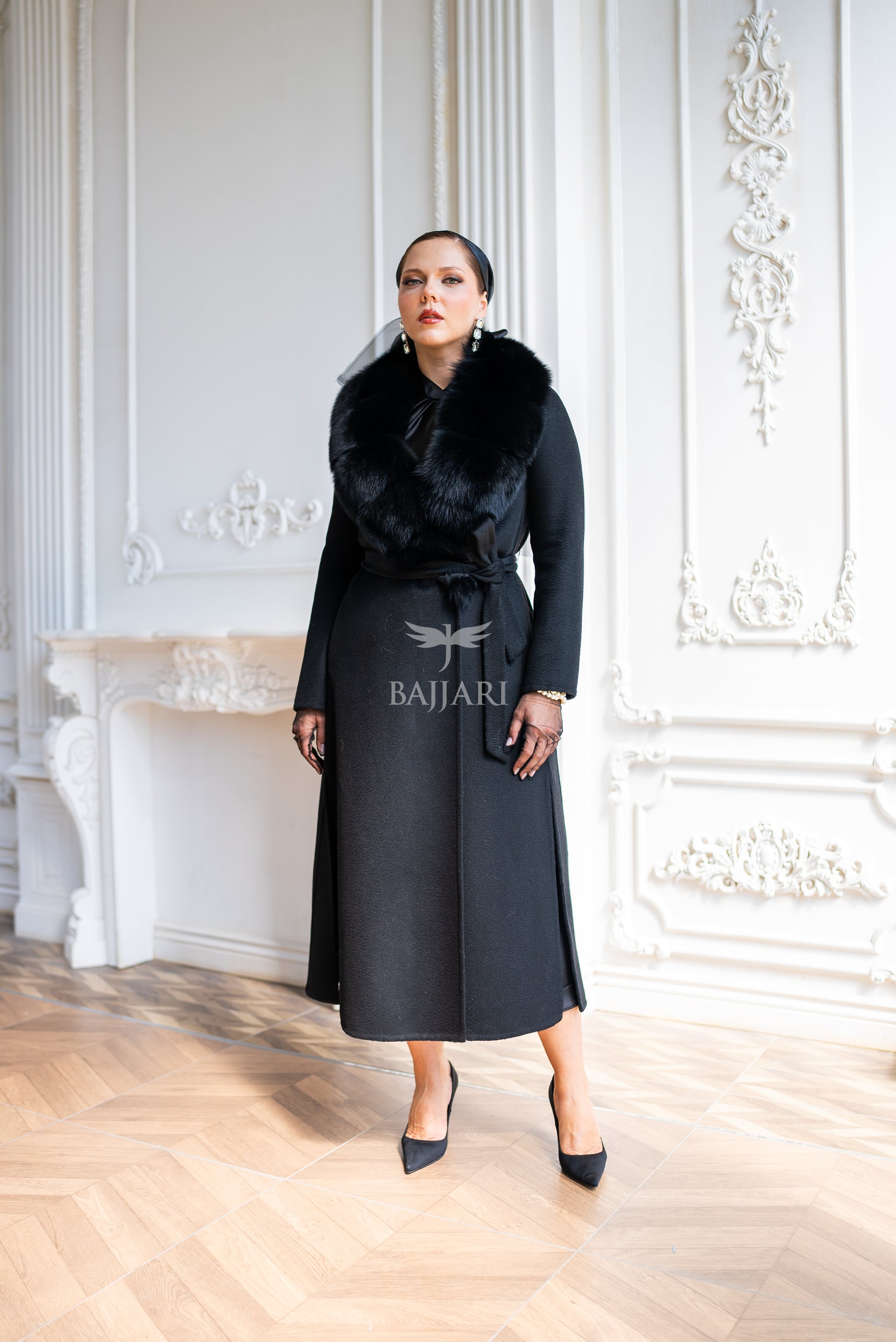 Women's Zibellino Alpaca Wool Fabric Coat with Soft Fox Fur Trim on the Collar -1113-
