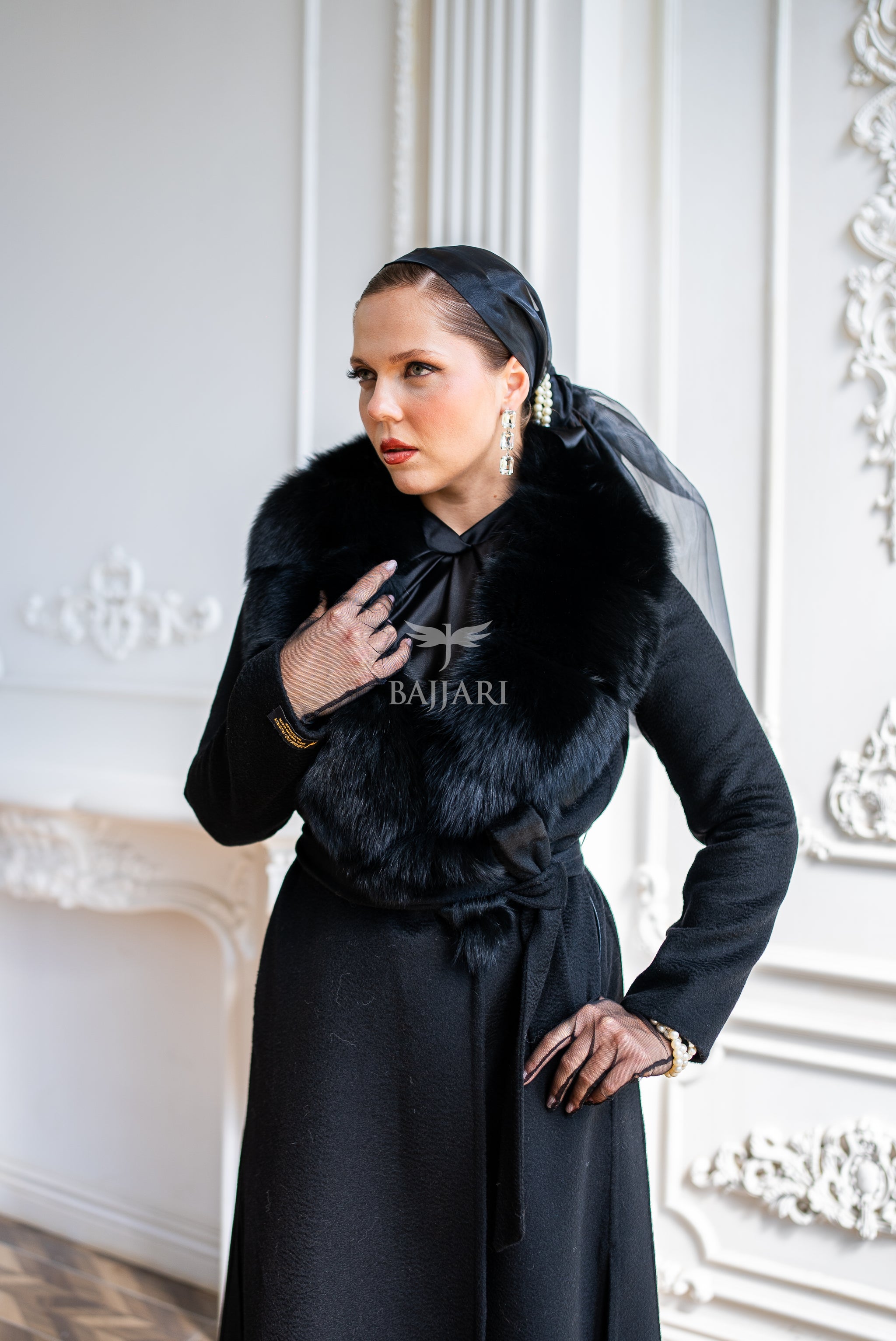 Women's Zibellino Alpaca Wool Fabric Coat with Soft Fox Fur Trim on the Collar -1113-