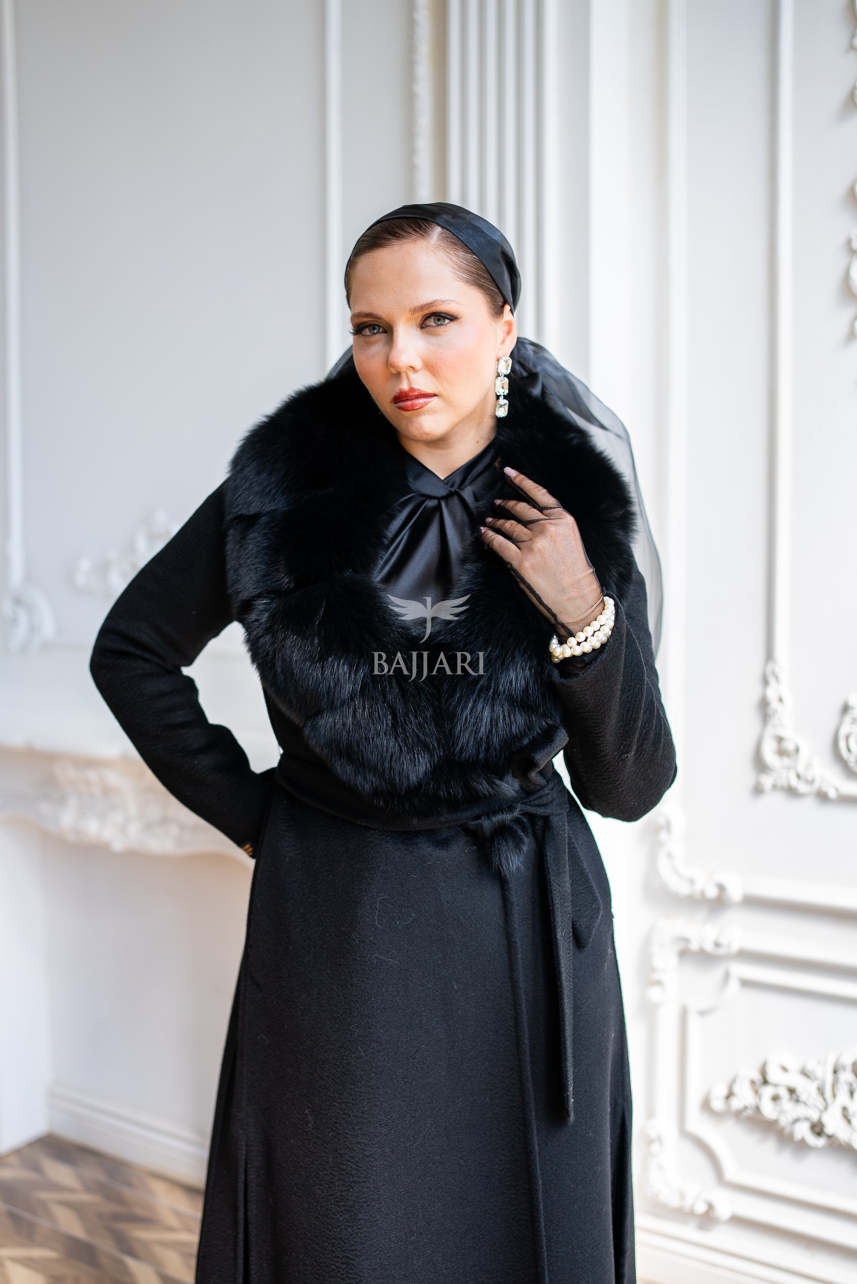 Women's Zibellino Alpaca Wool Fabric Coat with Soft Fox Fur Trim on the Collar -1113-