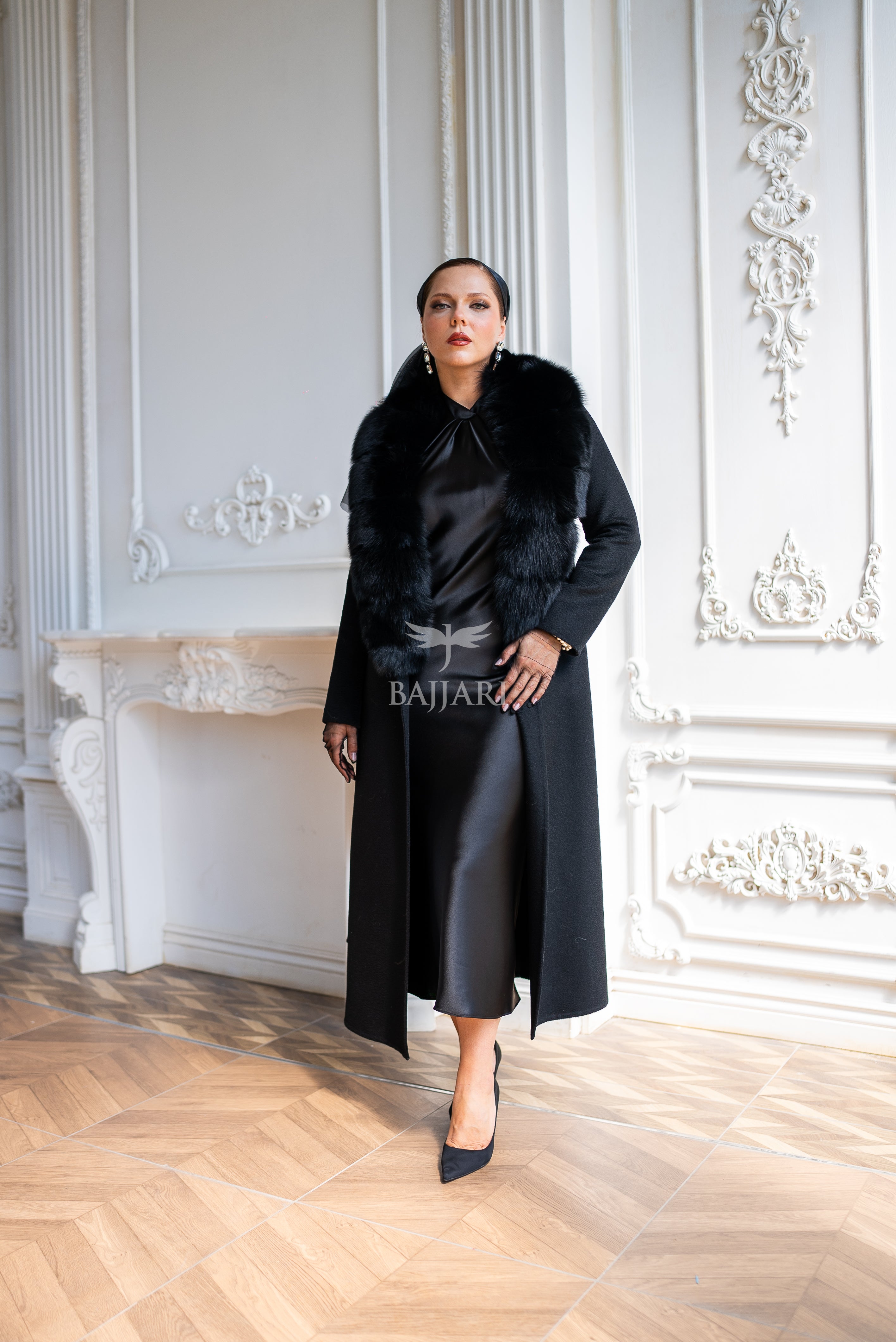 Women's Zibellino Alpaca Wool Fabric Coat with Soft Fox Fur Trim on the Collar -1113-