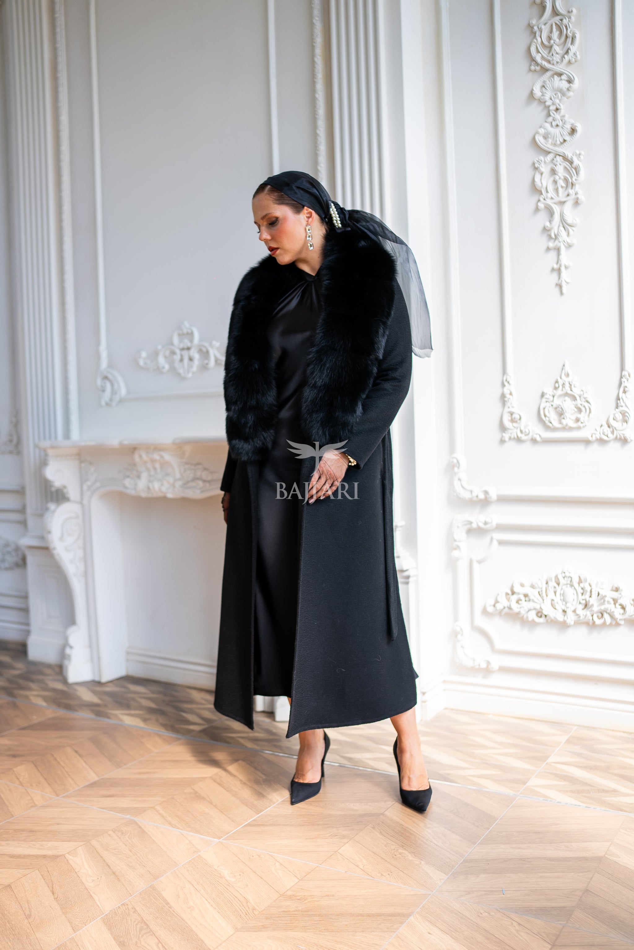 Women's Zibellino Alpaca Wool Fabric Coat with Soft Fox Fur Trim on the Collar -1113-
