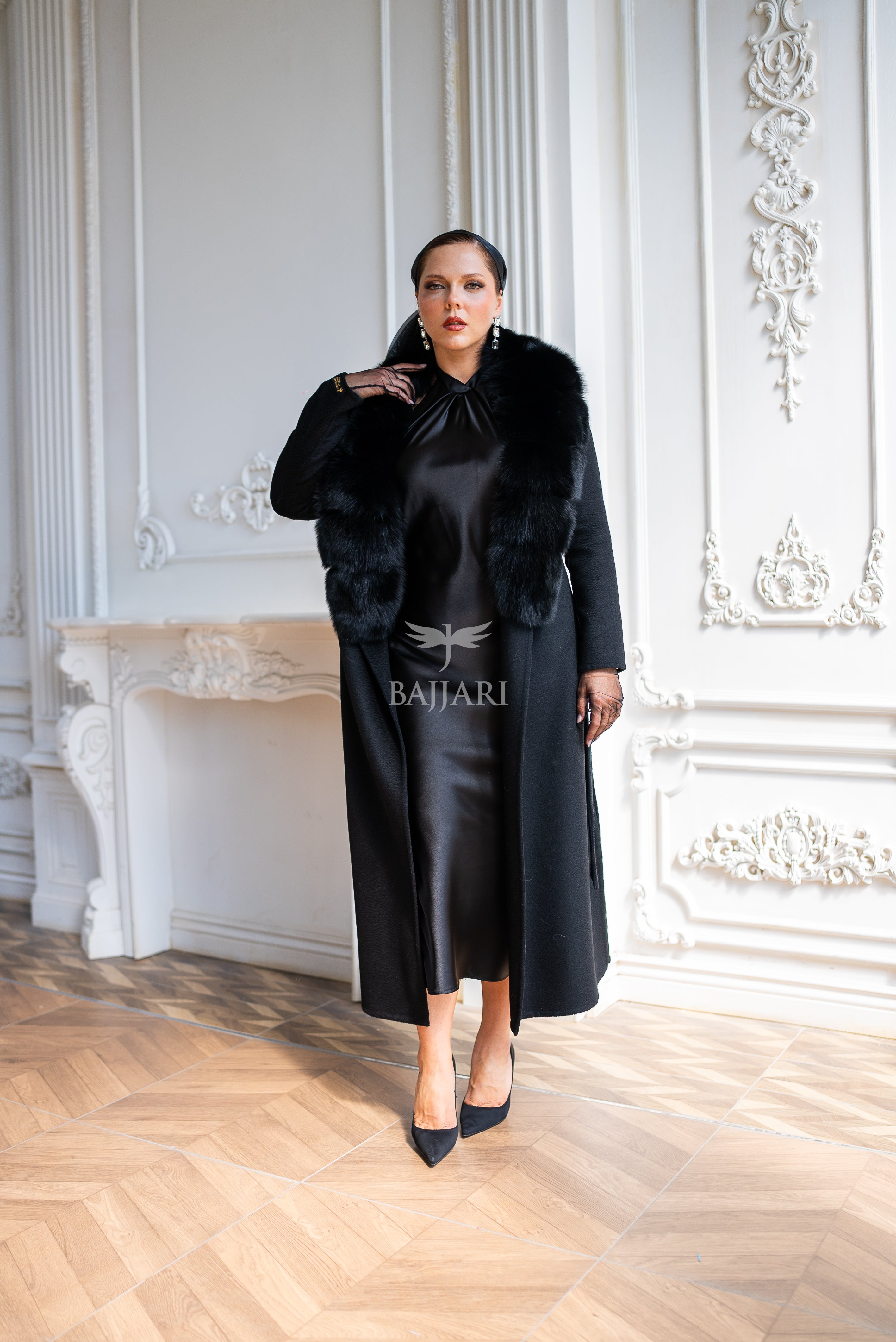 Women's Zibellino Alpaca Wool Fabric Coat with Soft Fox Fur Trim on the Collar -1113-