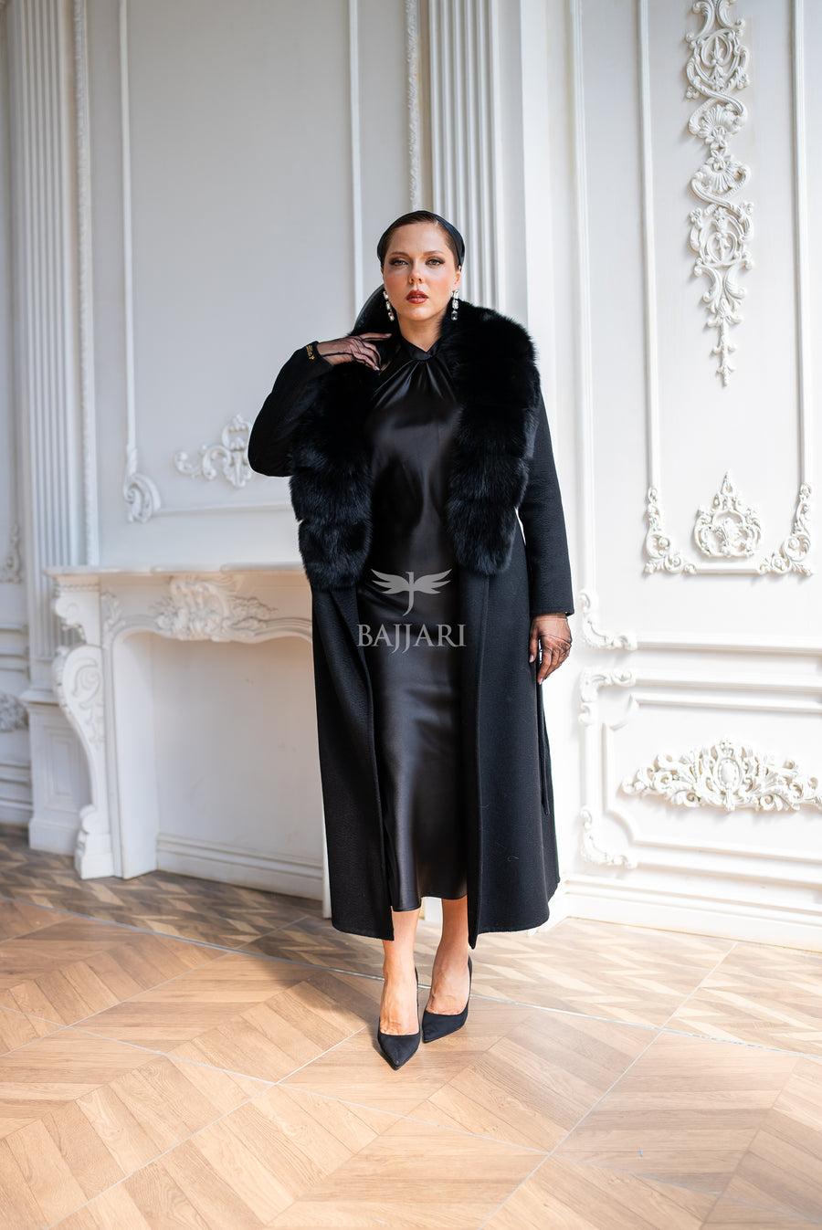 Women's Zibellino Alpaca Wool Fabric Coat with Soft Fox Fur Trim on the Collar -1113-