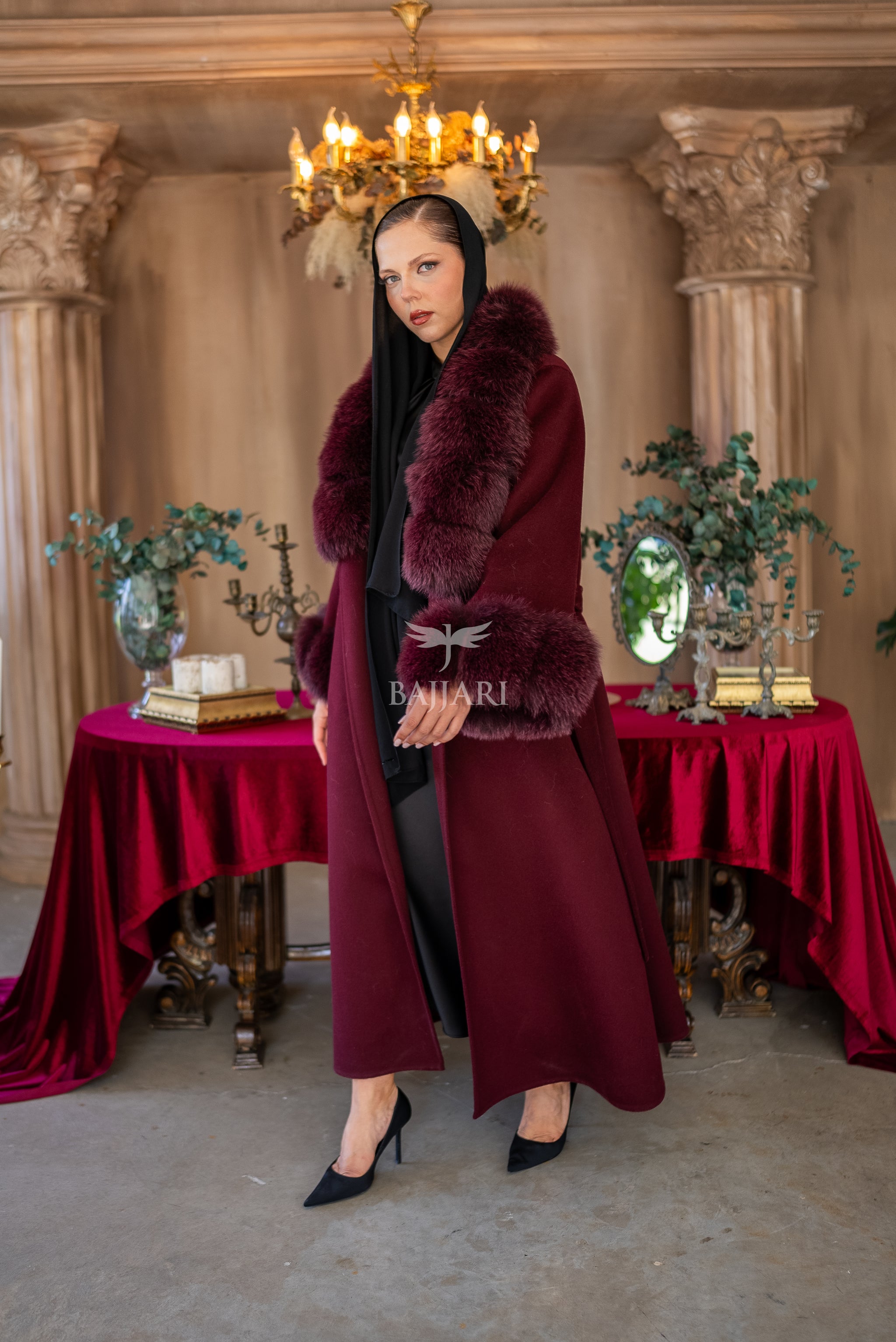 Alpaca Wool Fabric | Fox Fur Collar and Sleeves &amp; Cuff Detail | Flared Skirt Cut -9021-
