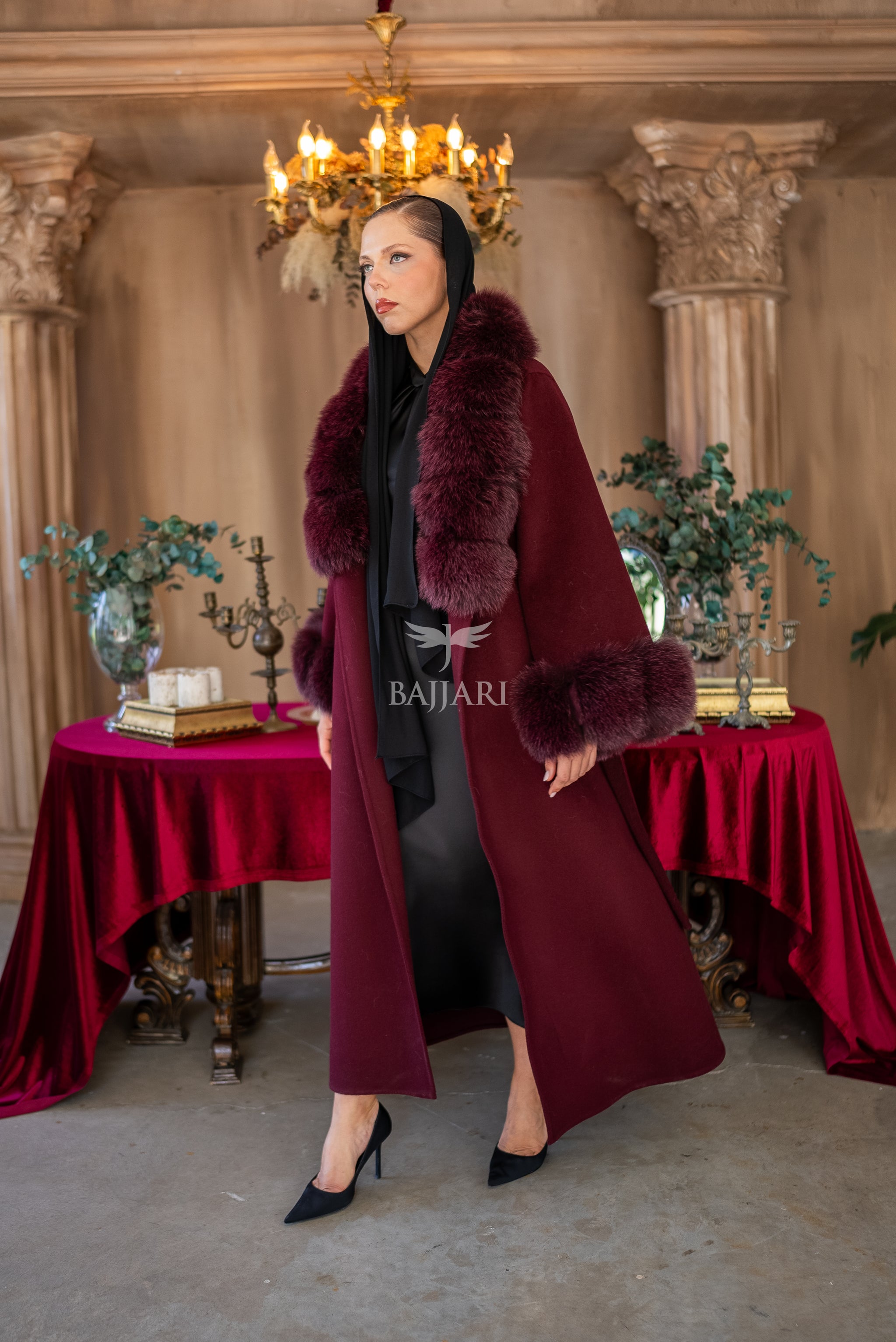 Alpaca Wool Fabric | Fox Fur Collar and Sleeves &amp; Cuff Detail | Flared Skirt Cut -9021-