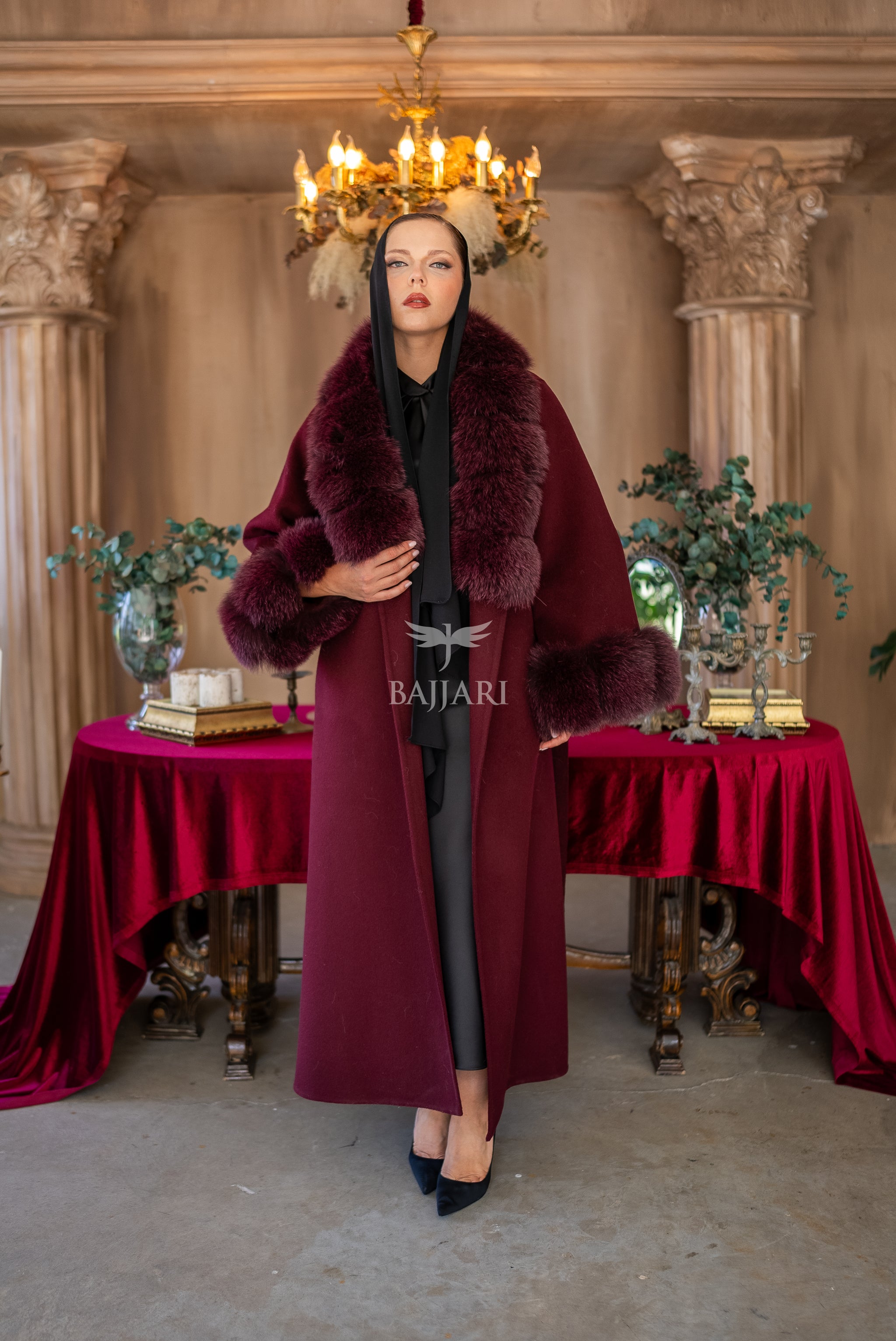 Alpaca Wool Fabric | Fox Fur Collar and Sleeves &amp; Cuff Detail | Flared Skirt Cut -9021-