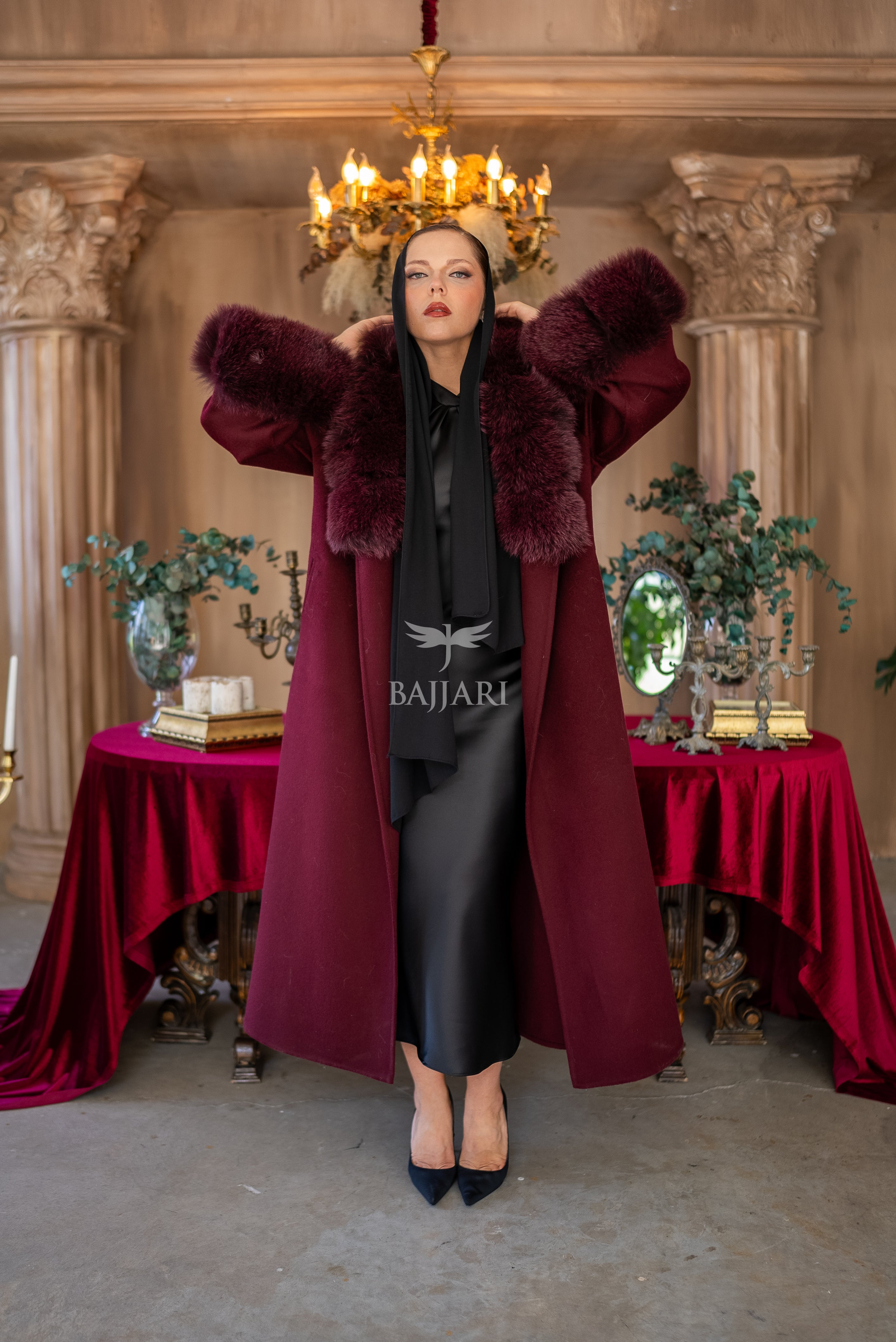 Alpaca Wool Fabric | Fox Fur Collar and Sleeves &amp; Cuff Detail | Flared Skirt Cut -9021-