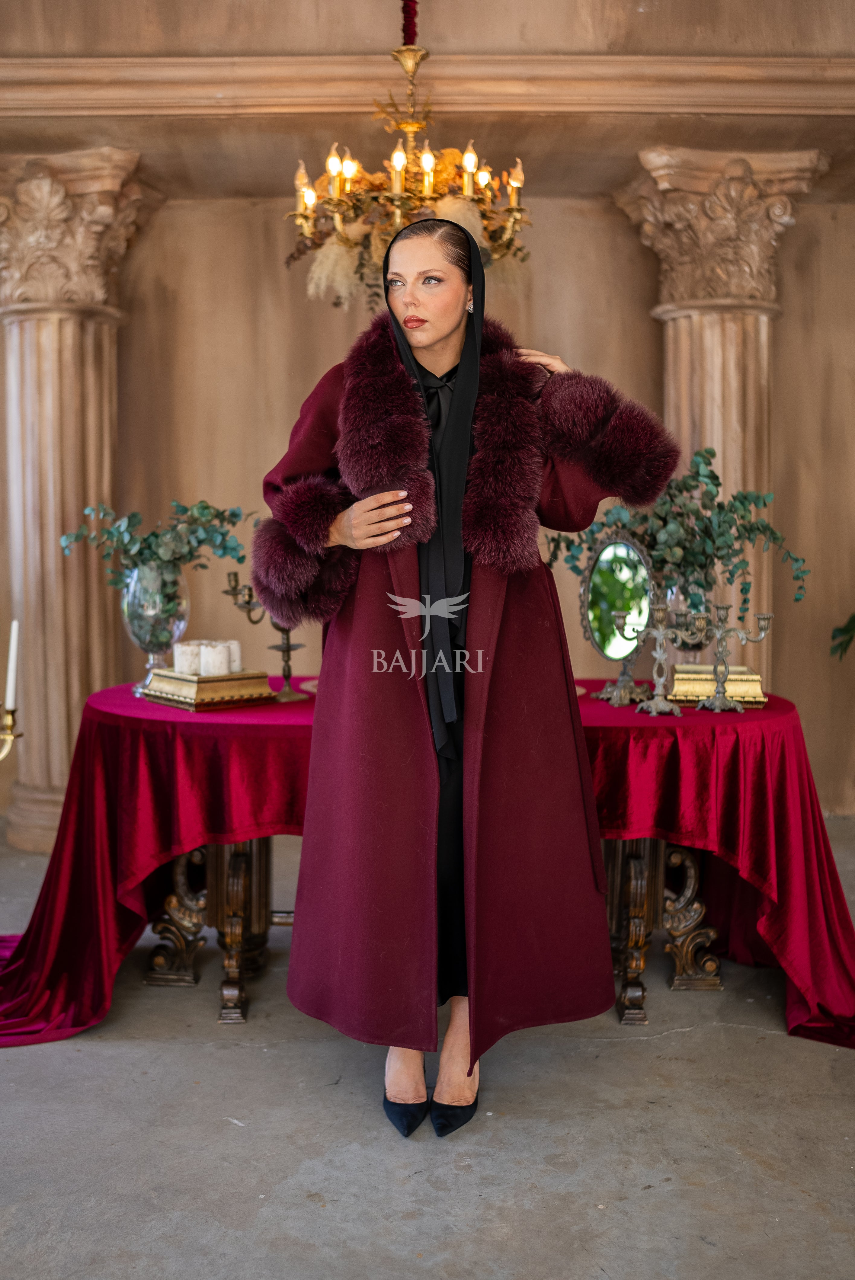 Alpaca Wool Fabric | Fox Fur Collar and Sleeves &amp; Cuff Detail | Flared Skirt Cut -9021-
