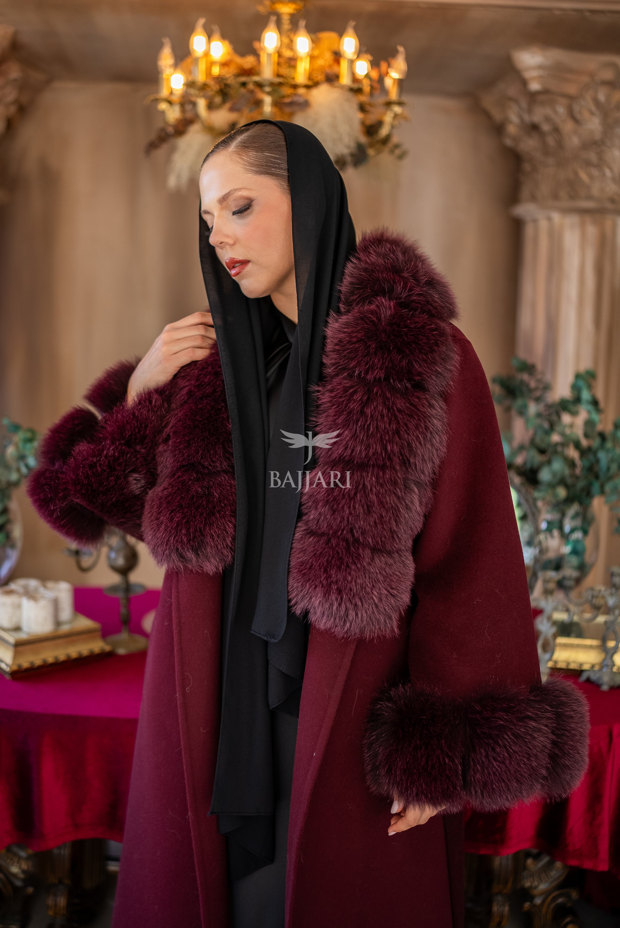 Alpaca Wool Fabric | Fox Fur Collar and Sleeves &amp; Cuff Detail | Flared Skirt Cut -9021-