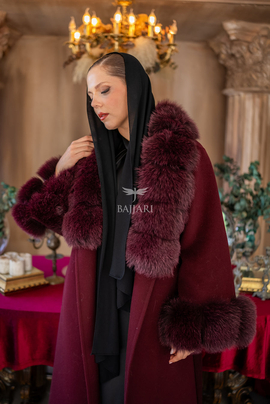 Alpaca Wool Fabric | Fox Fur Collar and Sleeves &amp; Cuff Detail | Flared Skirt Cut -9021-