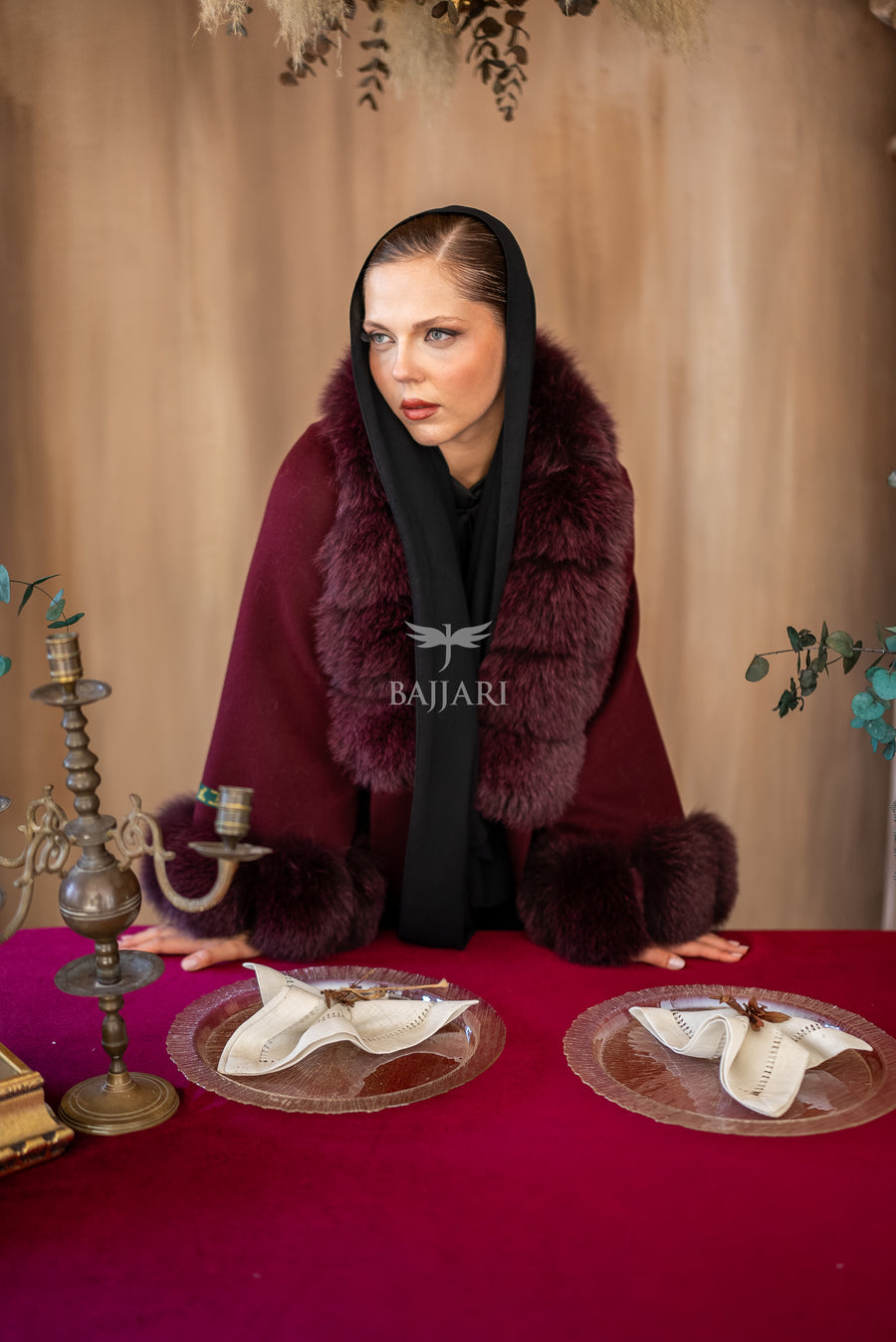 Alpaca Wool Fabric | Fox Fur Collar and Sleeves &amp; Cuff Detail | Flared Skirt Cut -9021-