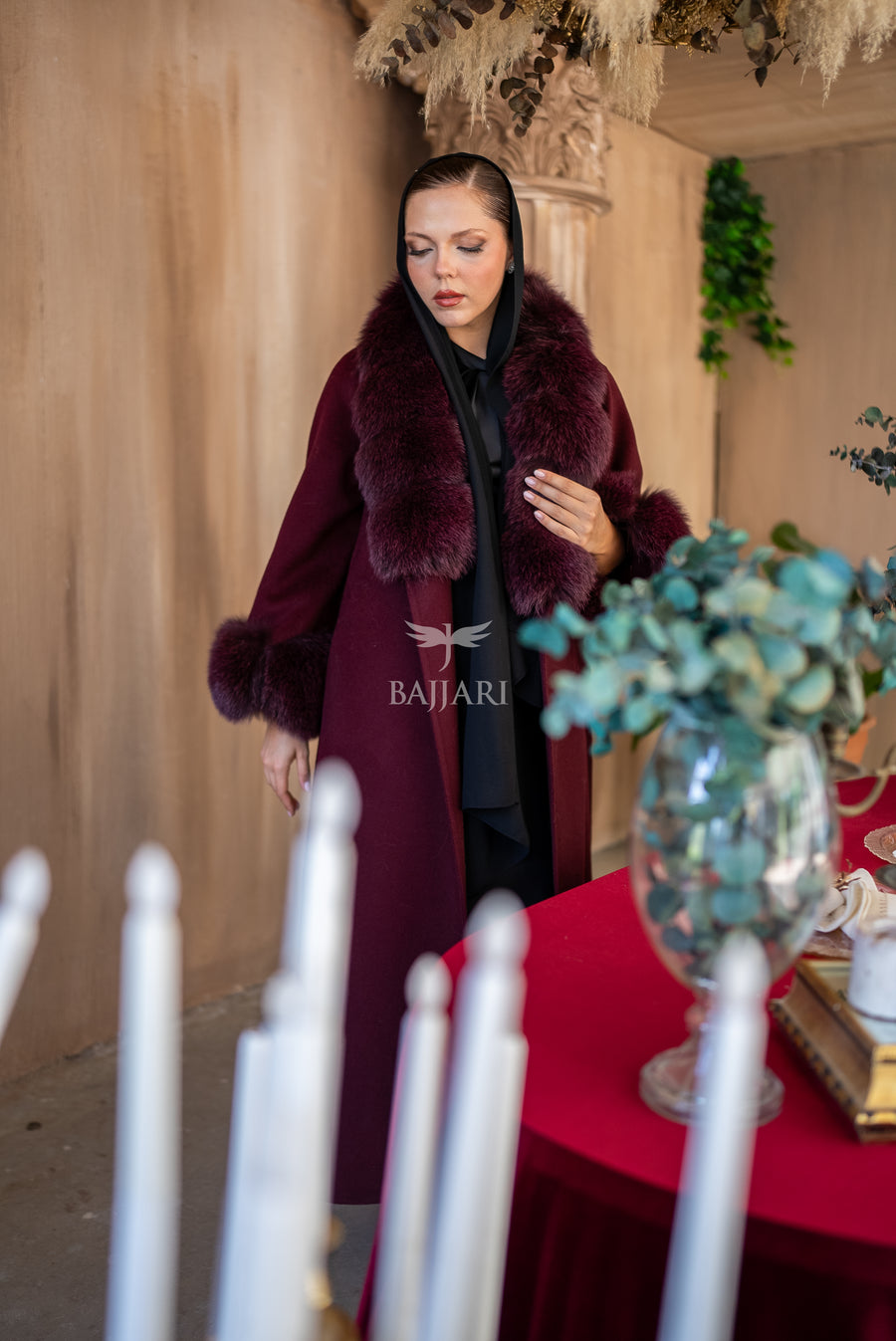 Alpaca Wool Fabric | Fox Fur Collar and Sleeves &amp; Cuff Detail | Flared Skirt Cut -9021-