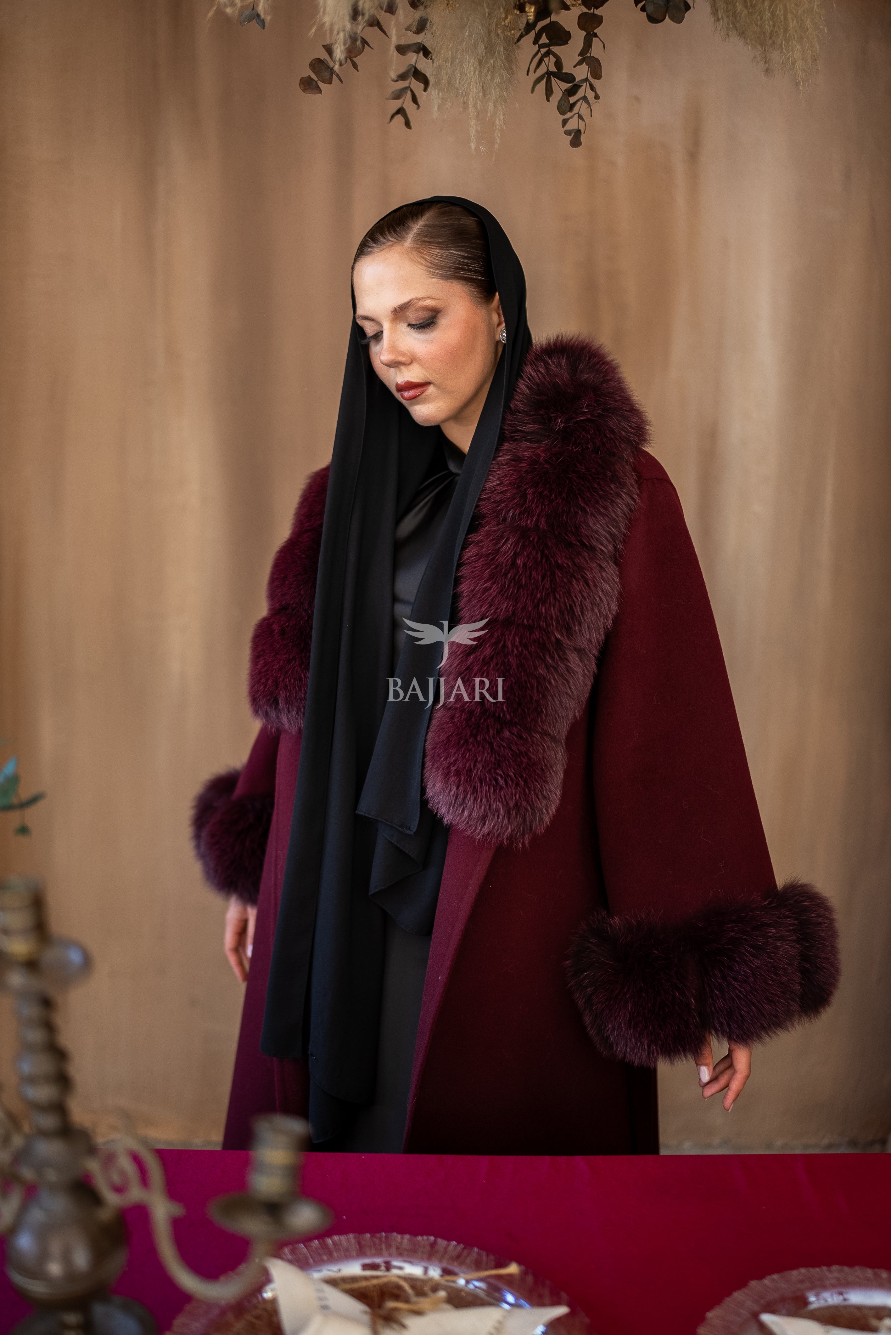 Alpaca Wool Fabric | Fox Fur Collar and Sleeves &amp; Cuff Detail | Flared Skirt Cut -9021-