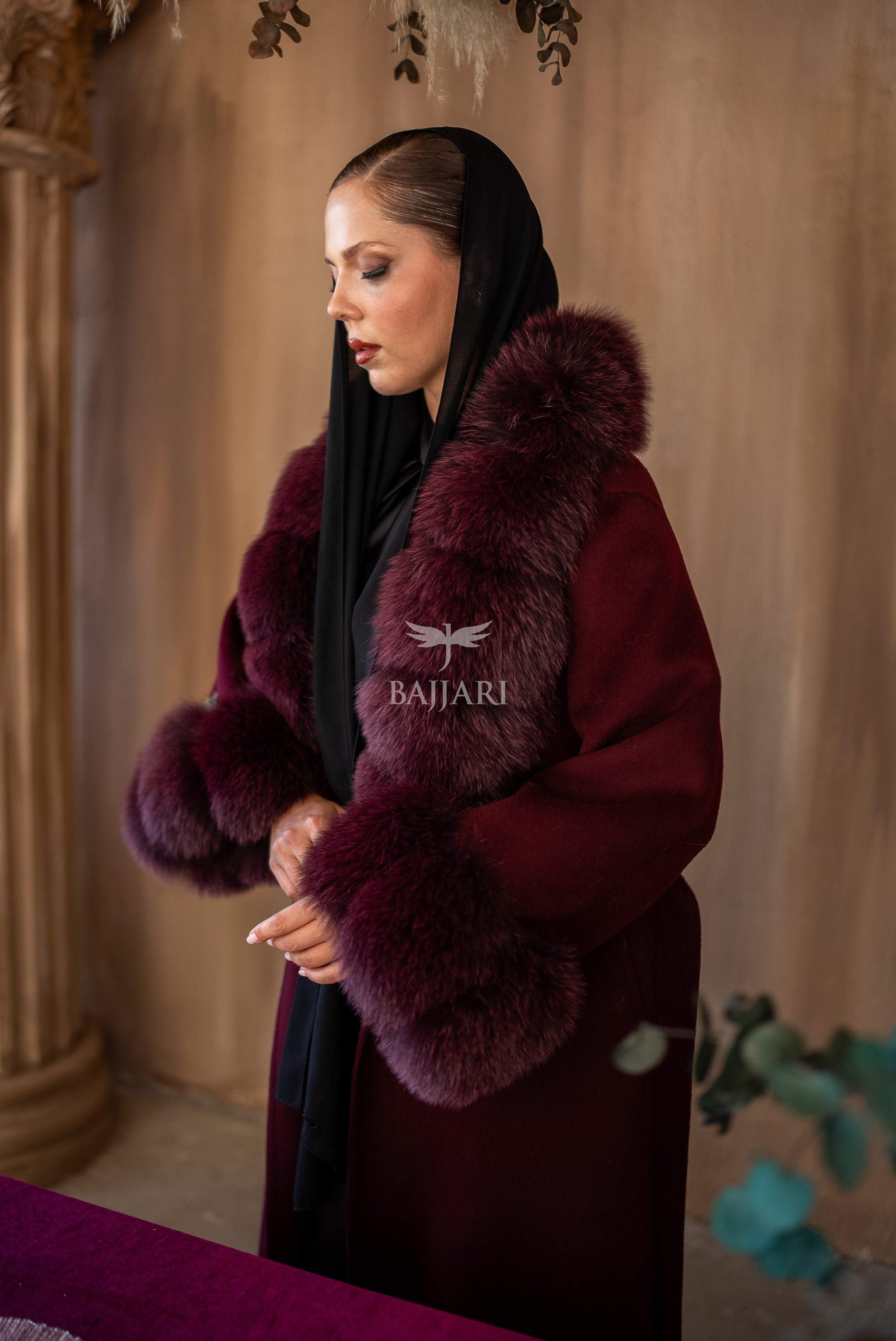 Alpaca Wool Fabric | Fox Fur Collar and Sleeves &amp; Cuff Detail | Flared Skirt Cut -9021-