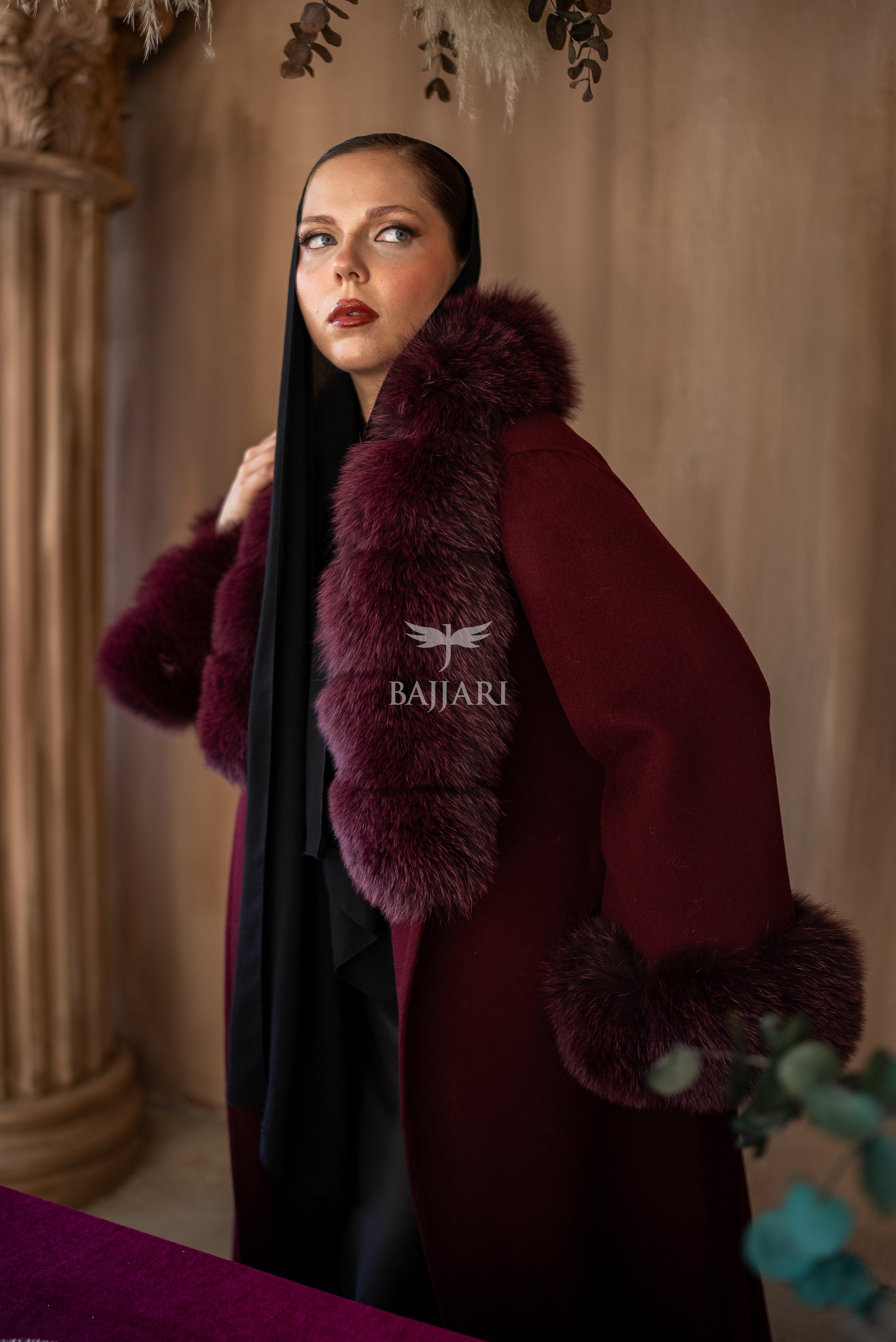 Alpaca Wool Fabric | Fox Fur Collar and Sleeves &amp; Cuff Detail | Flared Skirt Cut -9021-