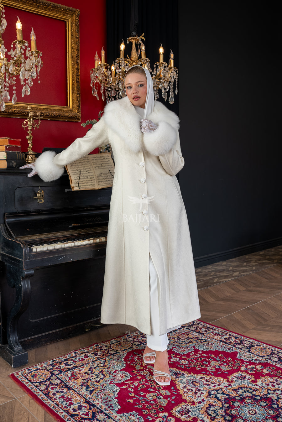 Elegant Zibellino Alpaca Fabric | Fox Fur Collar and Sleeves &amp; Cuff Detail | Flared Cut - Unique and Stylish Look -9499-