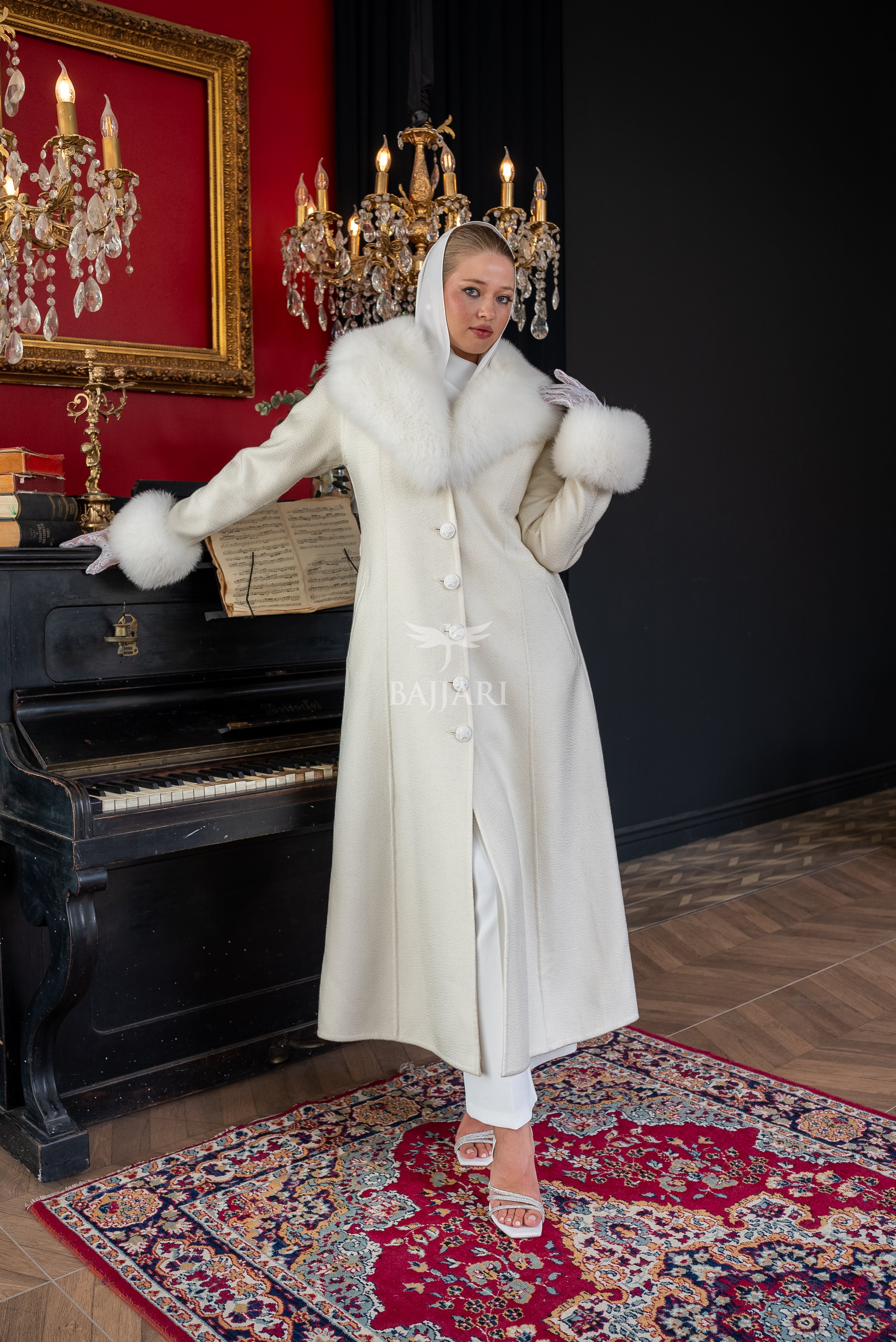 Elegant Zibellino Alpaca Fabric | Fox Fur Collar and Sleeves &amp; Cuff Detail | Flared Cut - Unique and Stylish Look -9499-