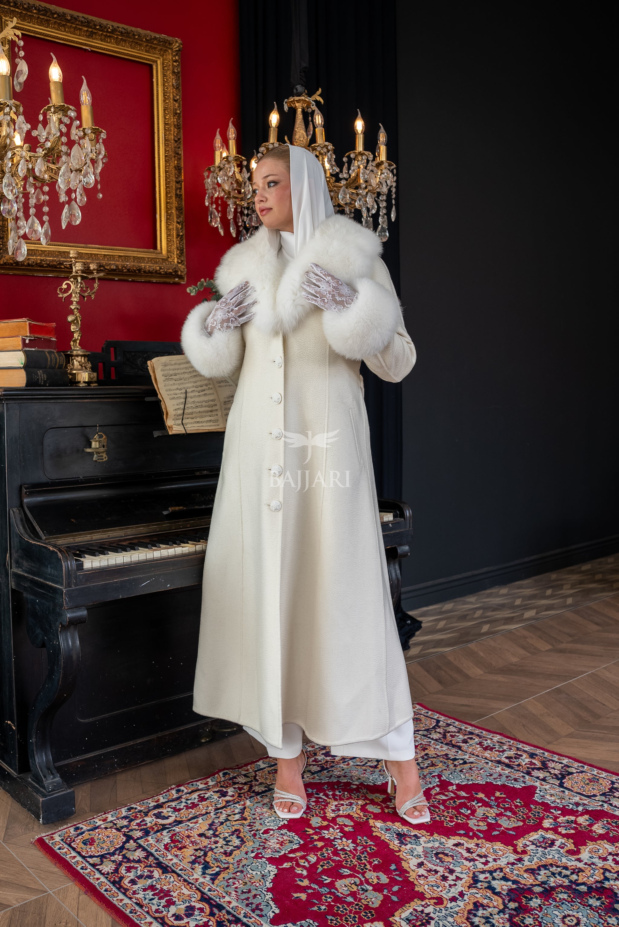 Elegant Zibellino Alpaca Fabric | Fox Fur Collar and Sleeves &amp; Cuff Detail | Flared Cut - Unique and Stylish Look -9499-