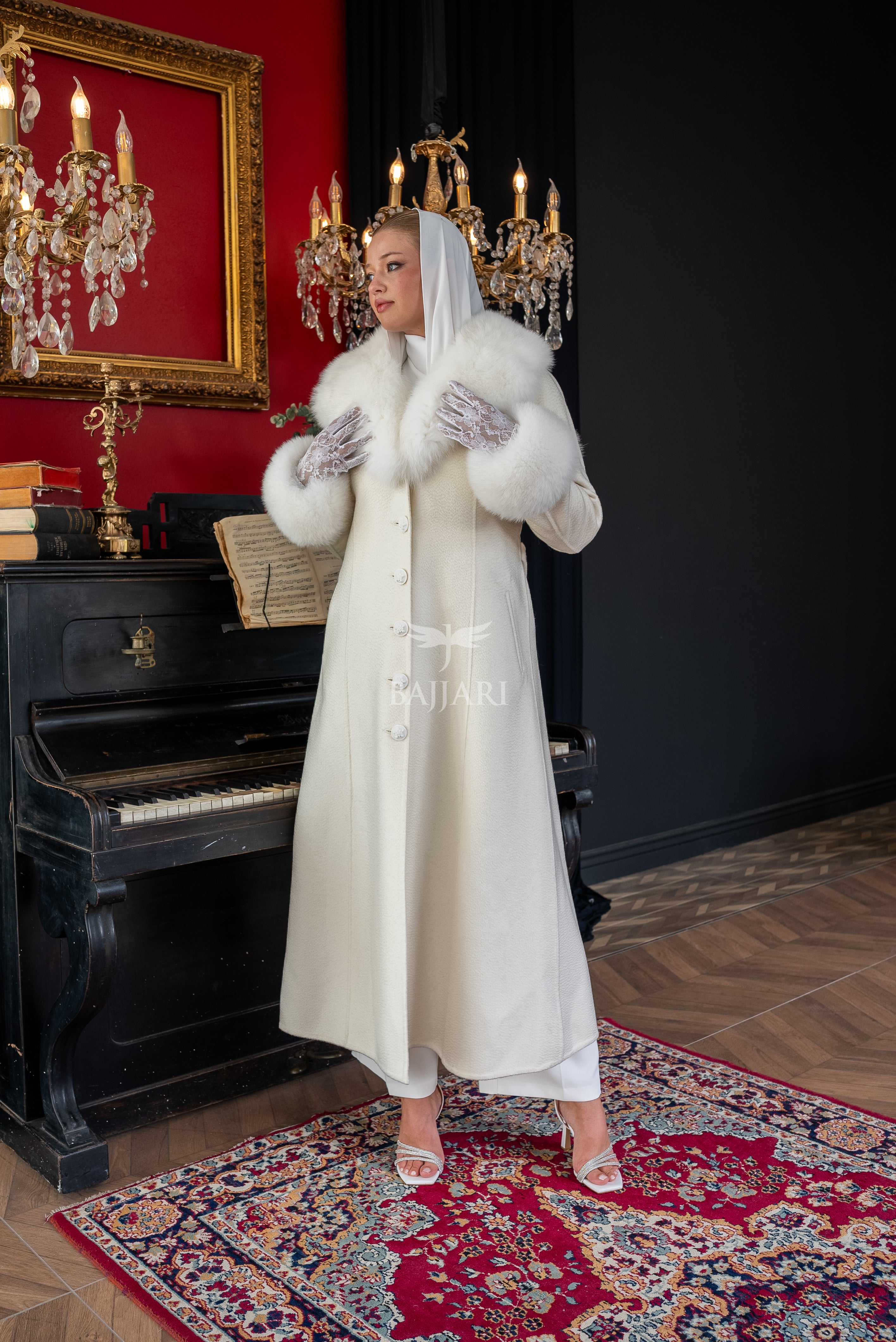 Elegant Zibellino Alpaca Fabric | Fox Fur Collar and Sleeves &amp; Cuff Detail | Flared Cut - Unique and Stylish Look -9499-
