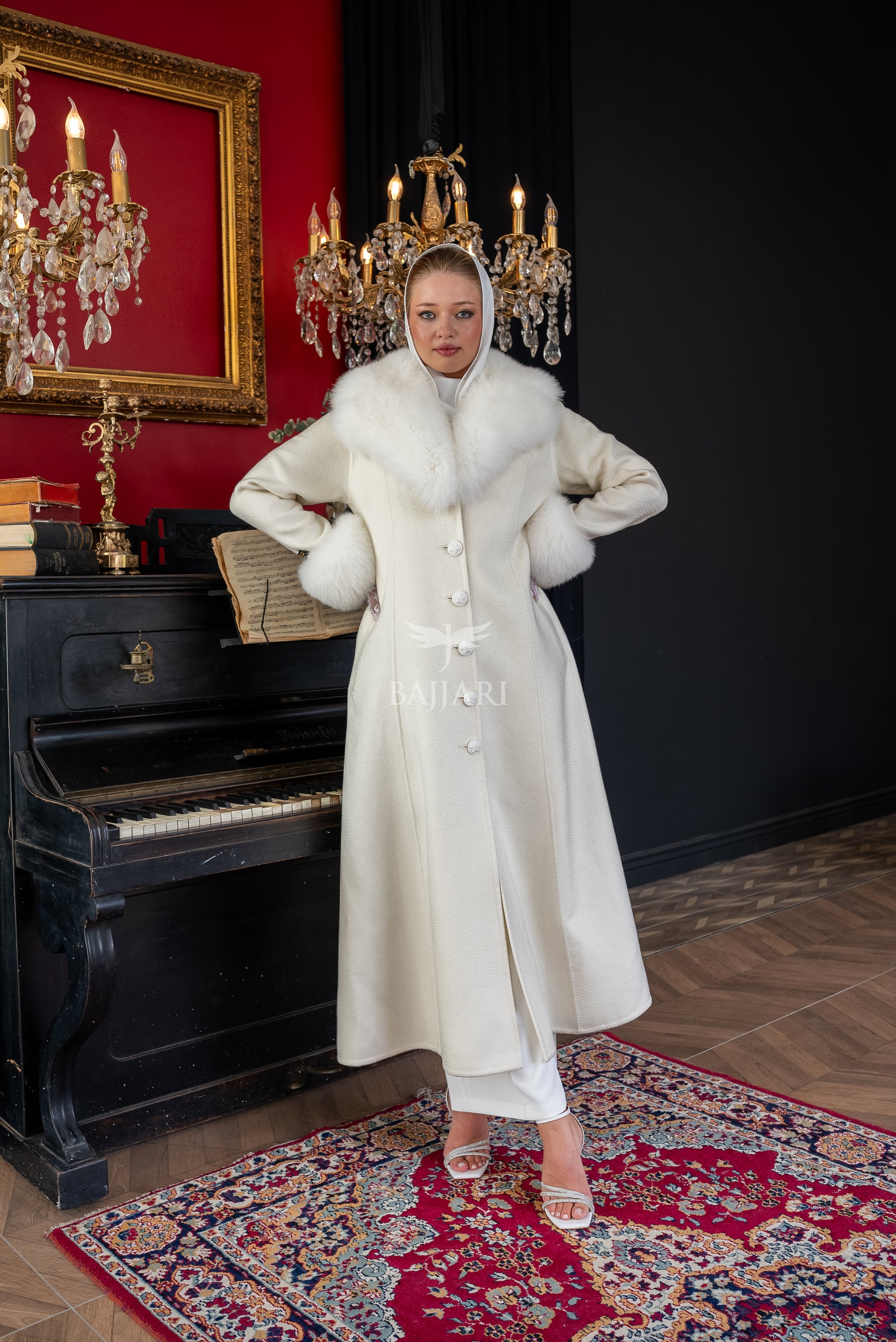 Elegant Zibellino Alpaca Fabric | Fox Fur Collar and Sleeves &amp; Cuff Detail | Flared Cut - Unique and Stylish Look -9499-