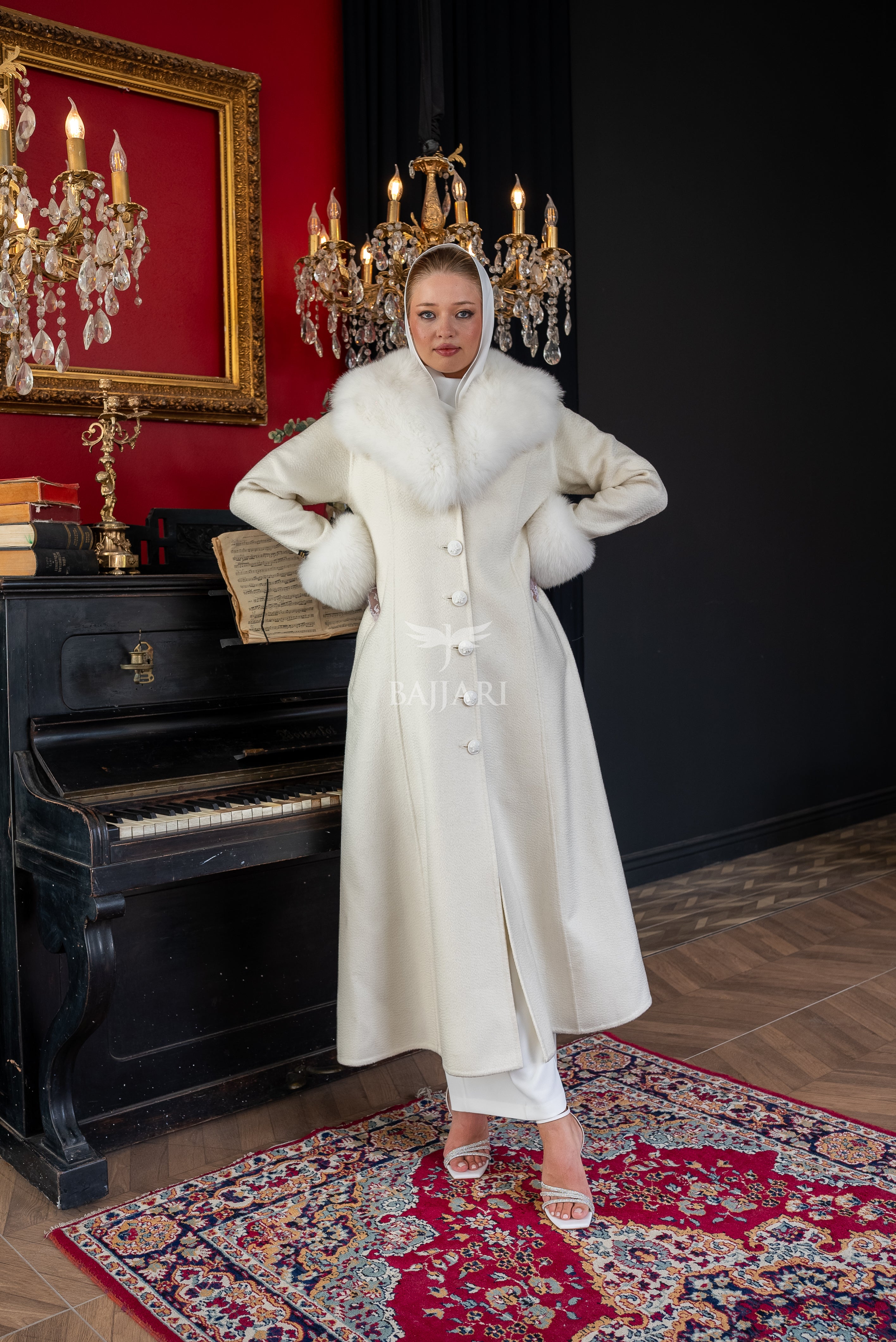 Elegant Zibellino Alpaca Fabric | Fox Fur Collar and Sleeves &amp; Cuff Detail | Flared Cut - Unique and Stylish Look -9499-