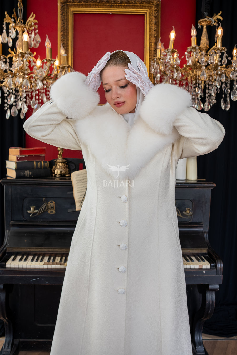 Elegant Zibellino Alpaca Fabric | Fox Fur Collar and Sleeves &amp; Cuff Detail | Flared Cut - Unique and Stylish Look -9499-