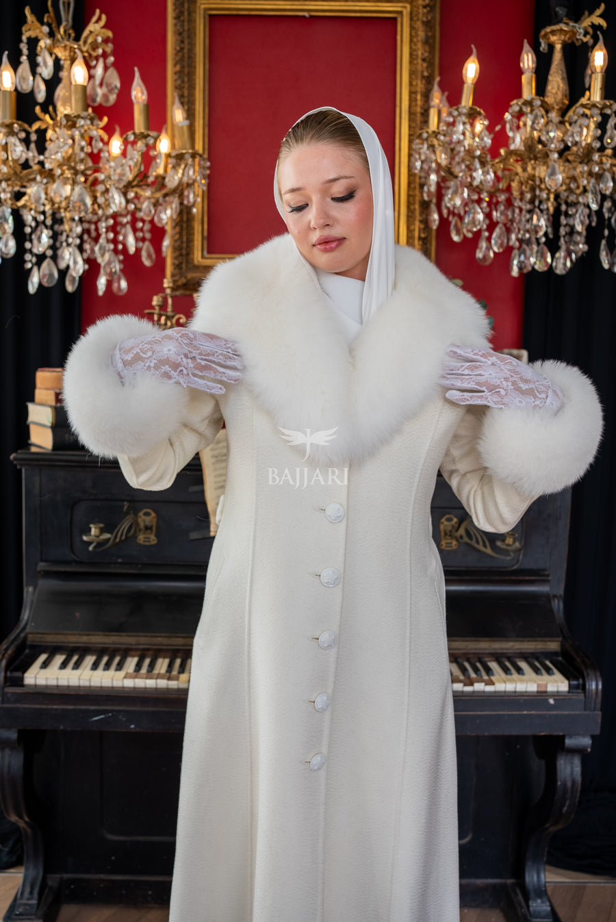 Elegant Zibellino Alpaca Fabric | Fox Fur Collar and Sleeves &amp; Cuff Detail | Flared Cut - Unique and Stylish Look -9499-