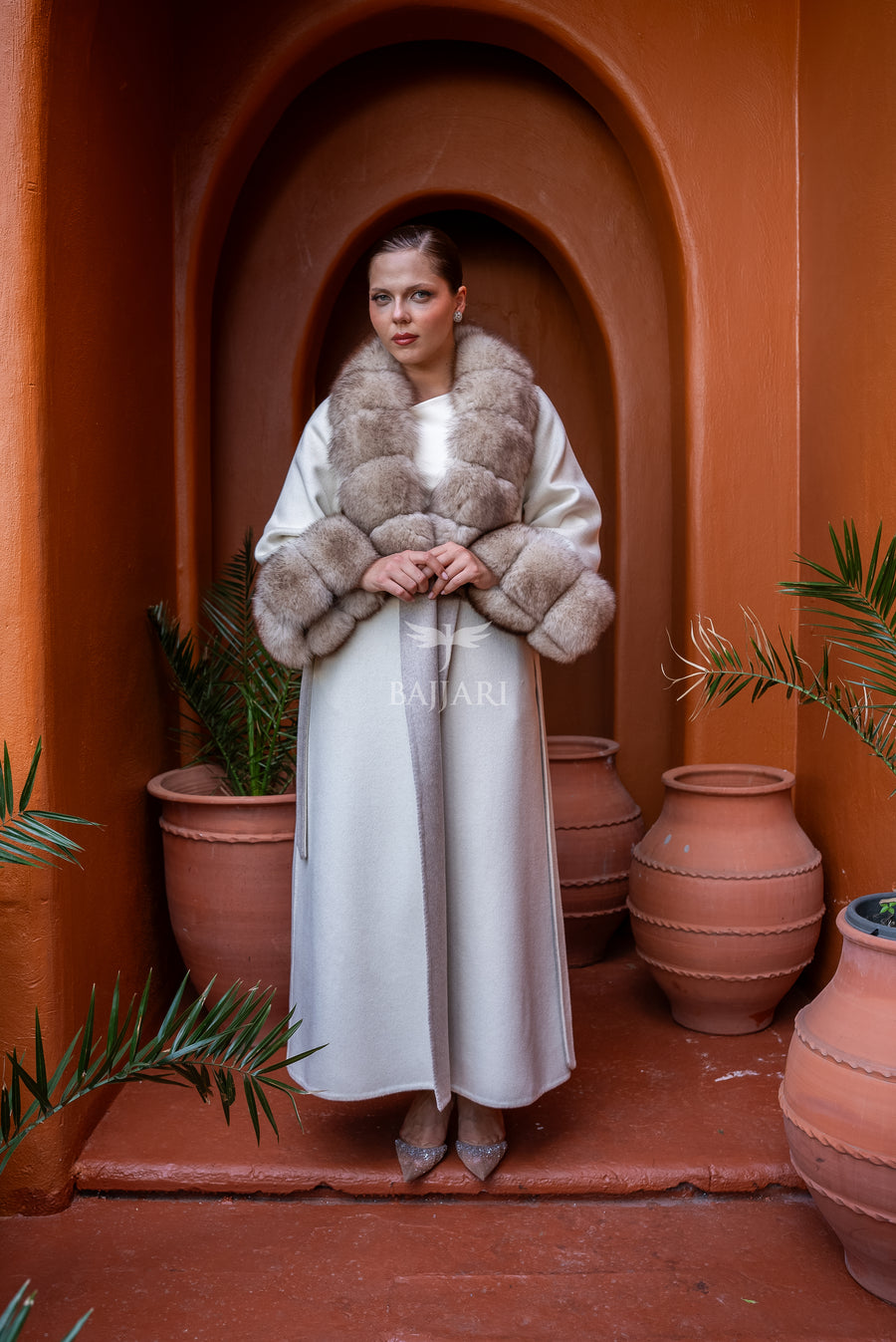 Alpaca Wool Fabric | Fox Fur Collar and Sleeves &amp; Cuff Detail | Flared Skirt Cut -9021-