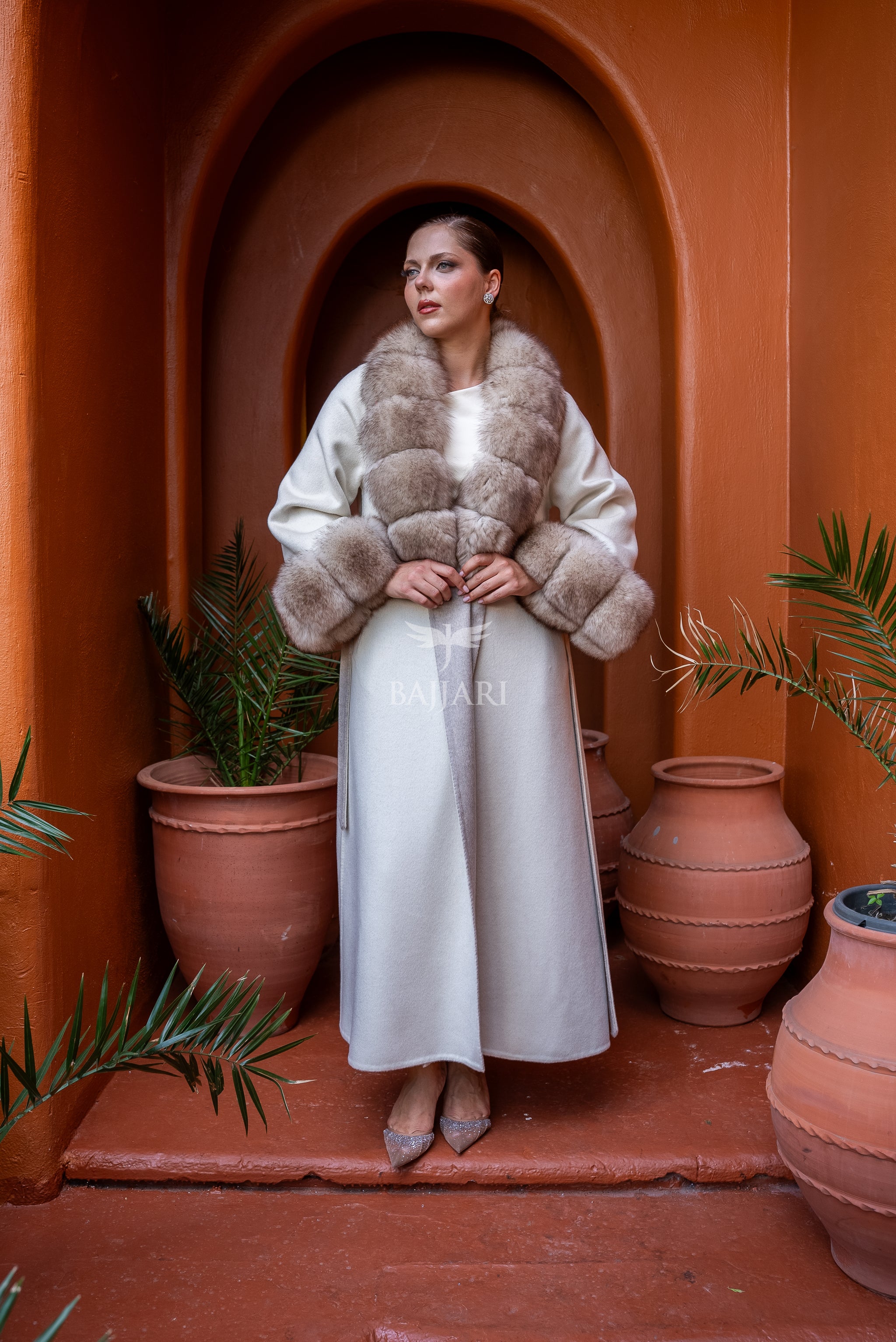 Alpaca Wool Fabric | Fox Fur Collar and Sleeves &amp; Cuff Detail | Flared Skirt Cut -9021-