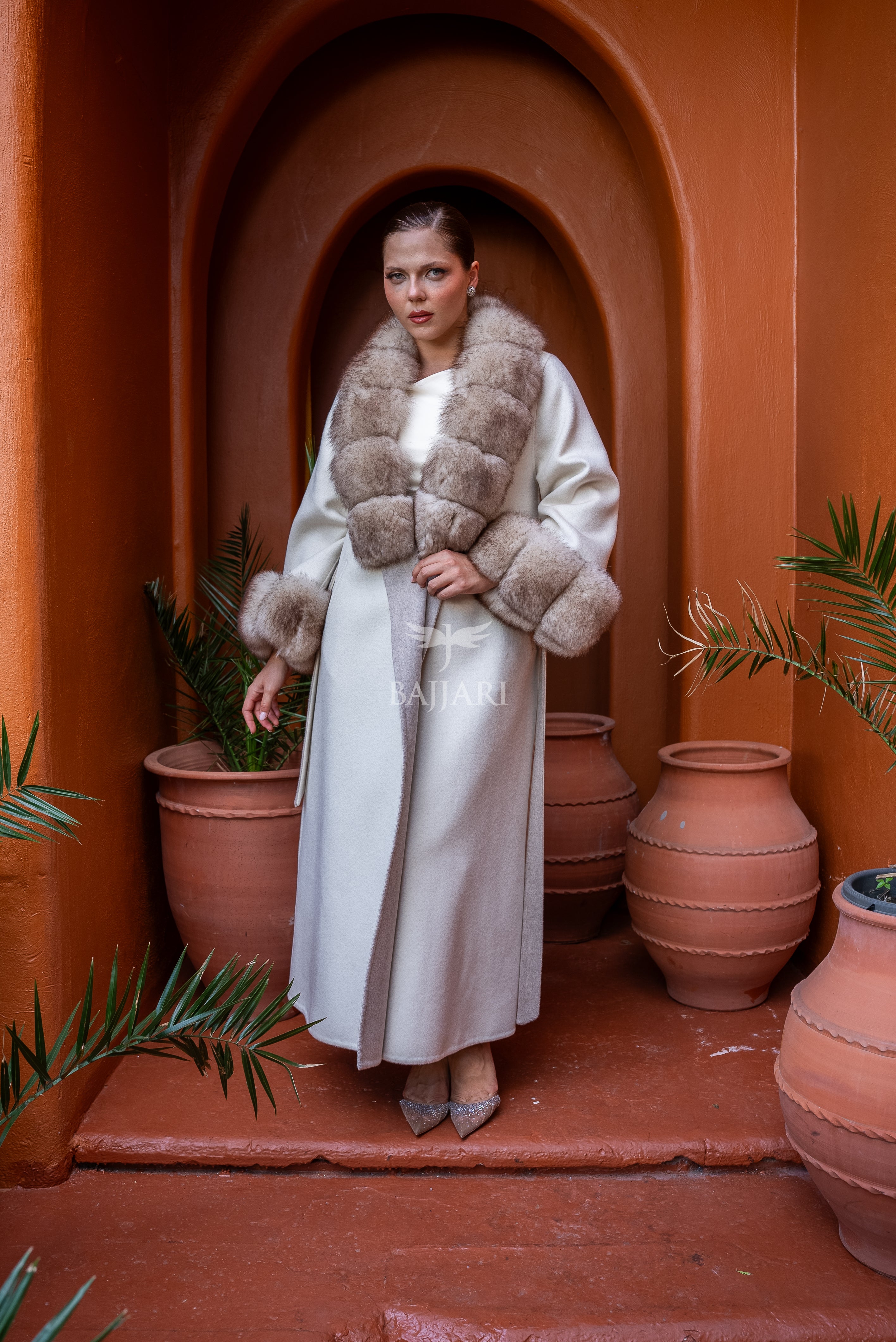 Alpaca Wool Fabric | Fox Fur Collar and Sleeves &amp; Cuff Detail | Flared Skirt Cut -9021-