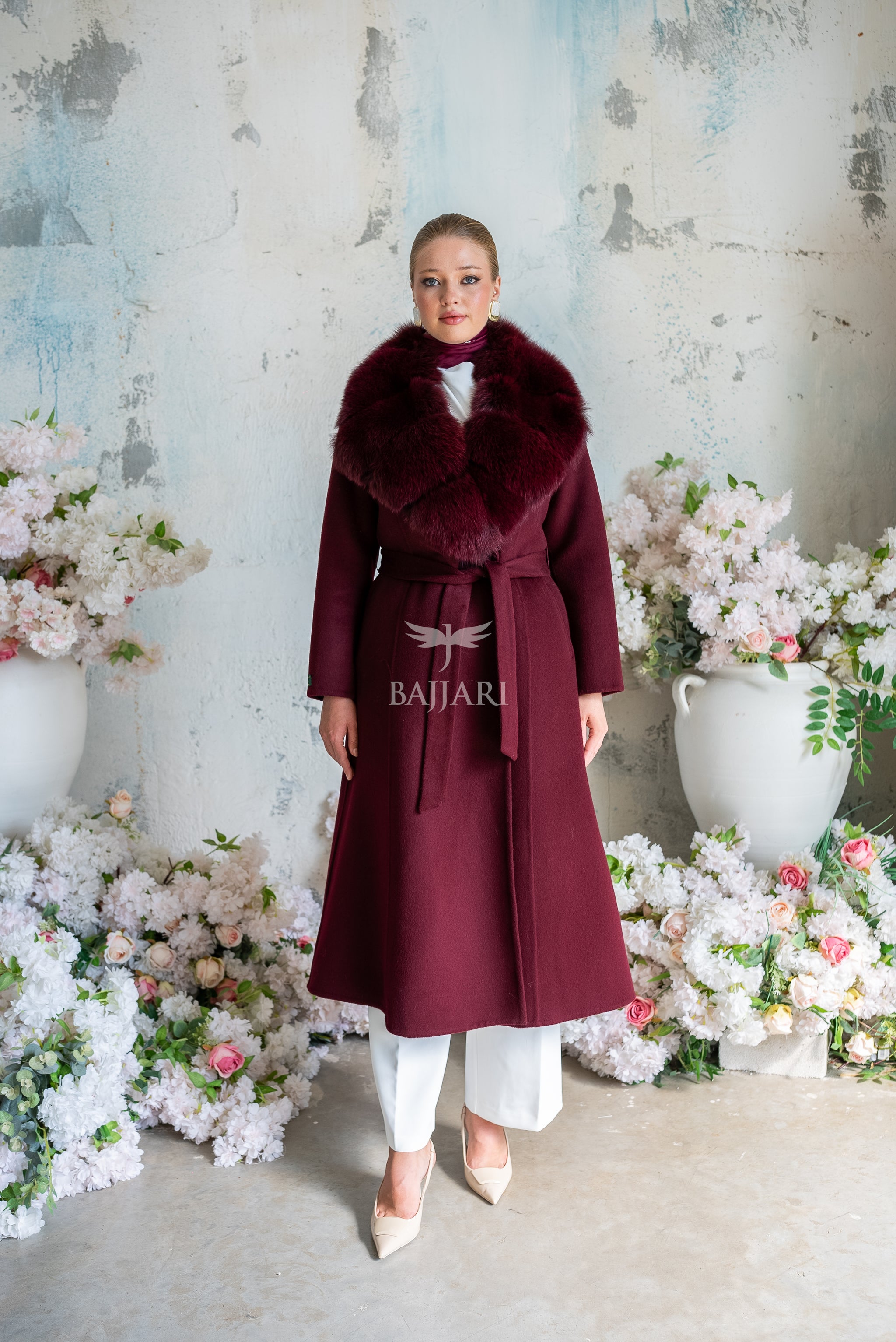 Alpaca Fabric Women's Coat with Real Soft Fox Fur Collar -9492-