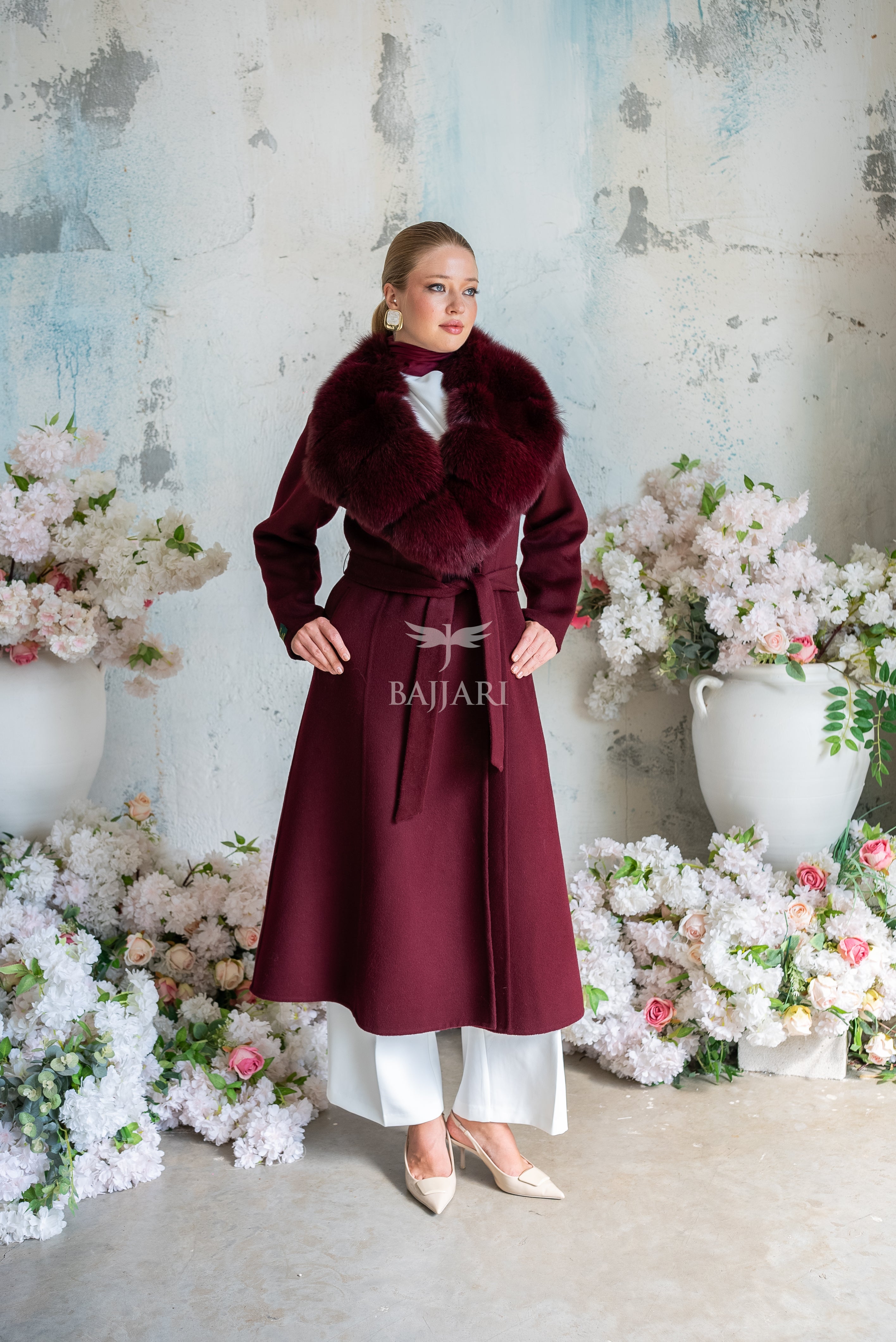Alpaca Fabric Women's Coat with Real Soft Fox Fur Collar -9492-