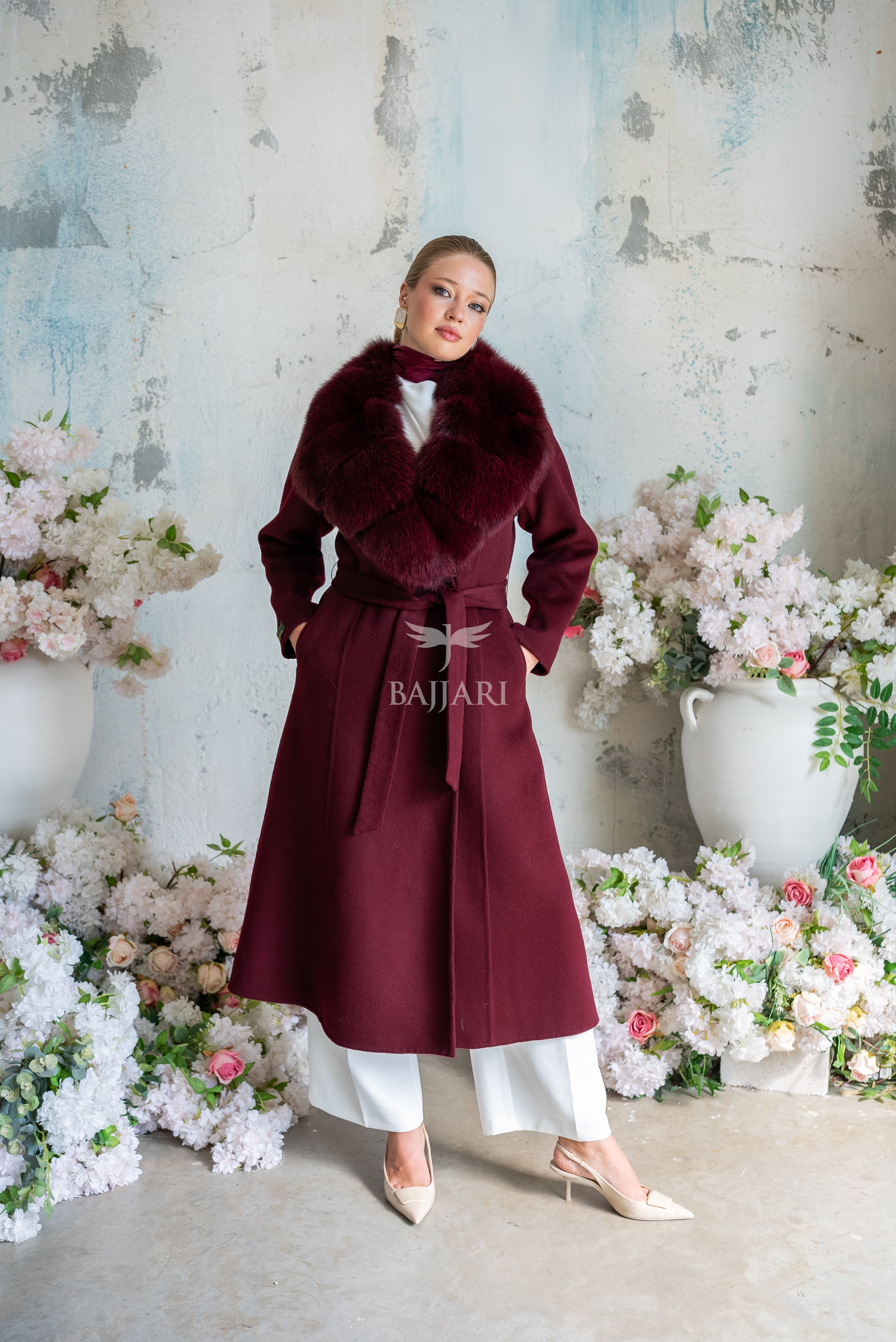 Alpaca Fabric Women's Coat with Real Soft Fox Fur Collar -9492-