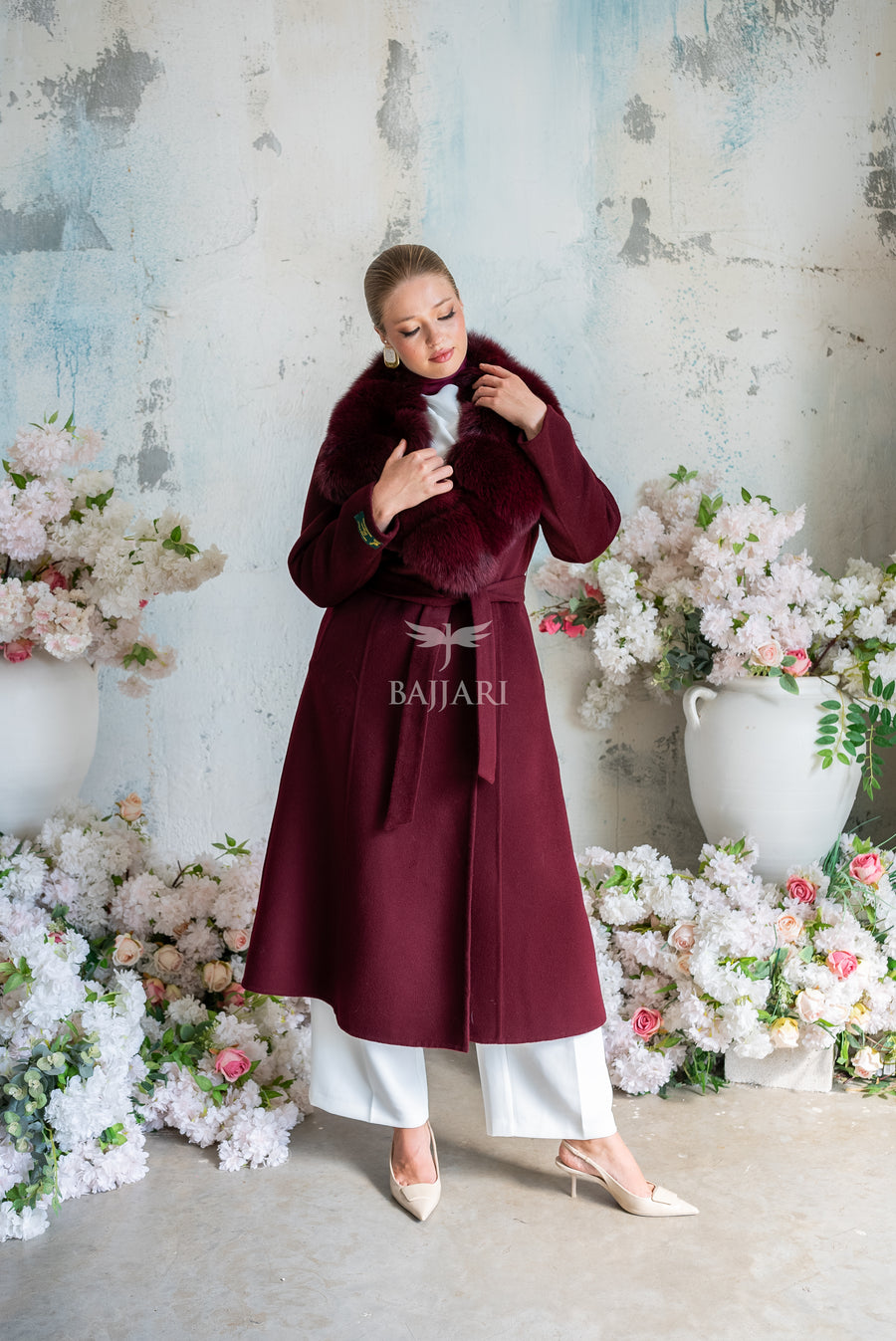 Alpaca Fabric Women's Coat with Real Soft Fox Fur Collar -9492-