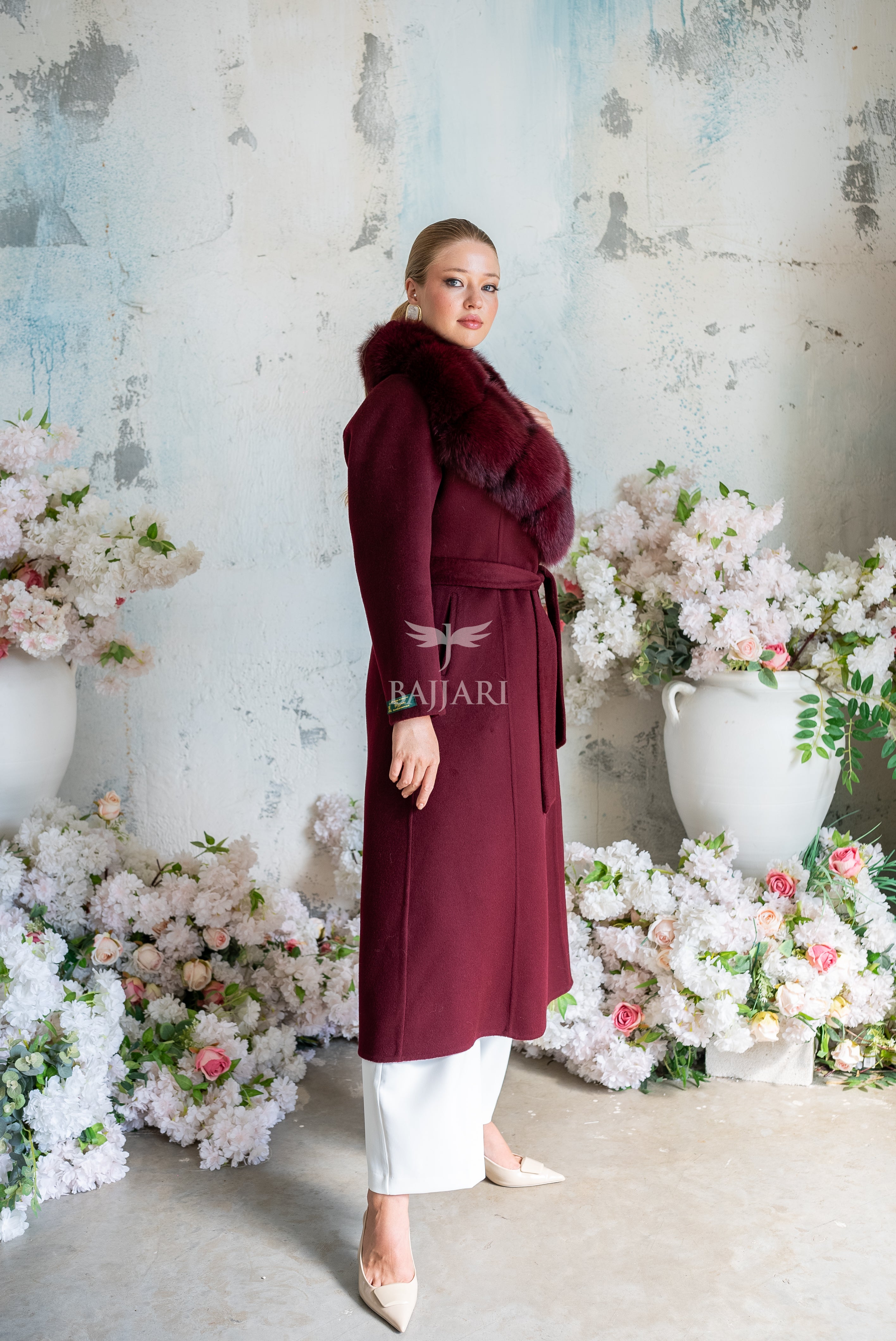 Alpaca Fabric Women's Coat with Real Soft Fox Fur Collar -9492-