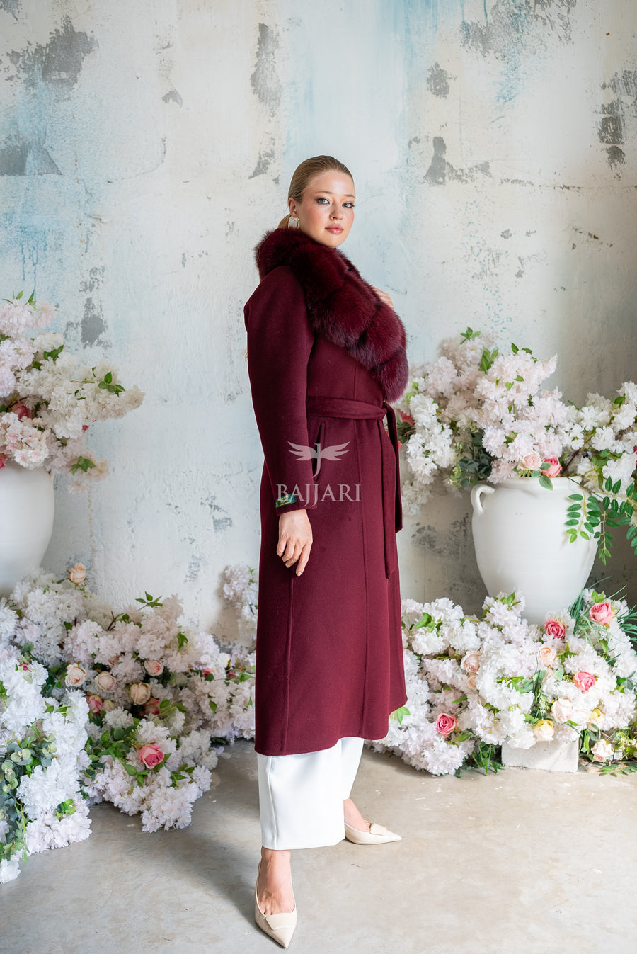 Alpaca Fabric Women's Coat with Real Soft Fox Fur Collar -9492-