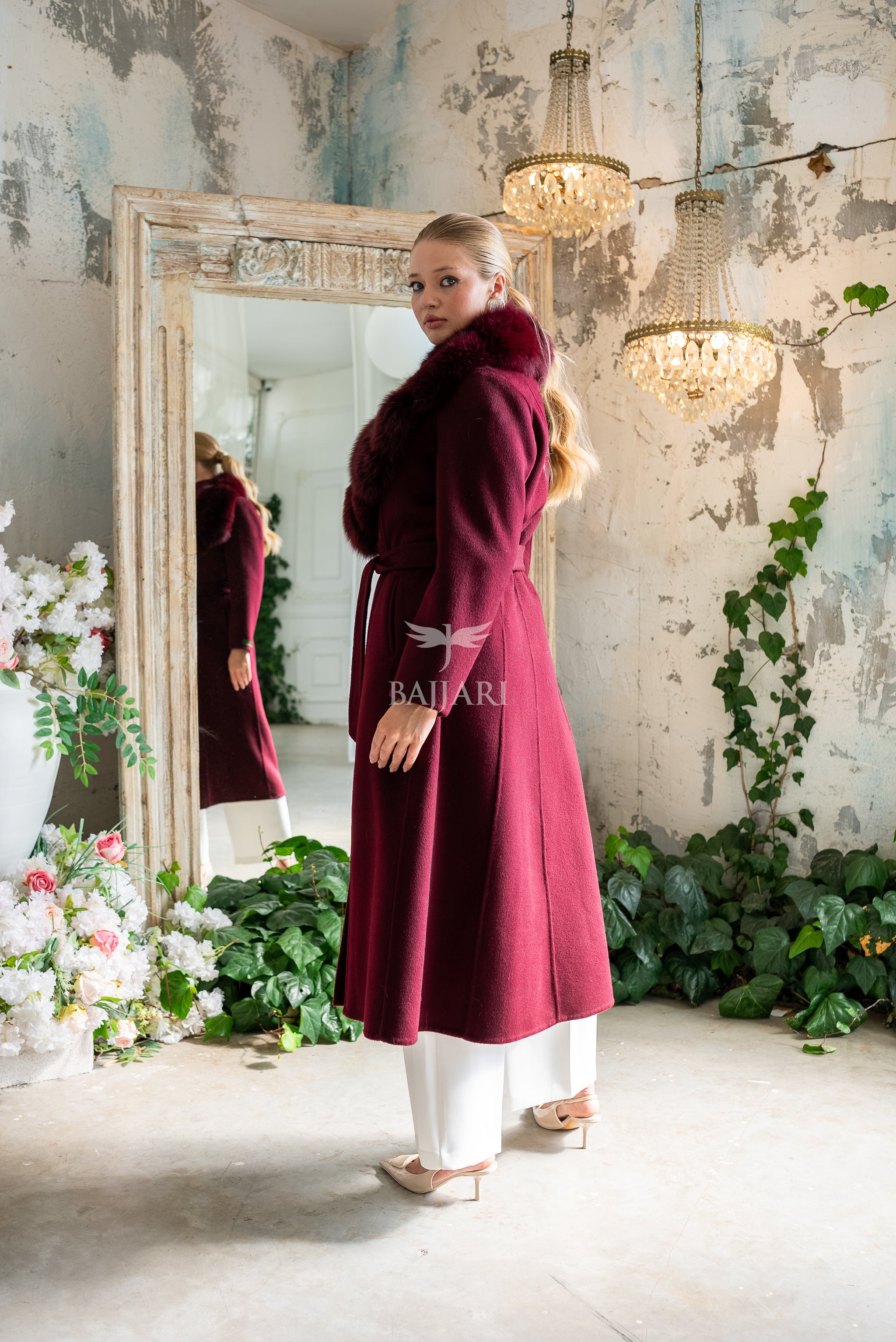 Alpaca Fabric Women's Coat with Real Soft Fox Fur Collar -9492-