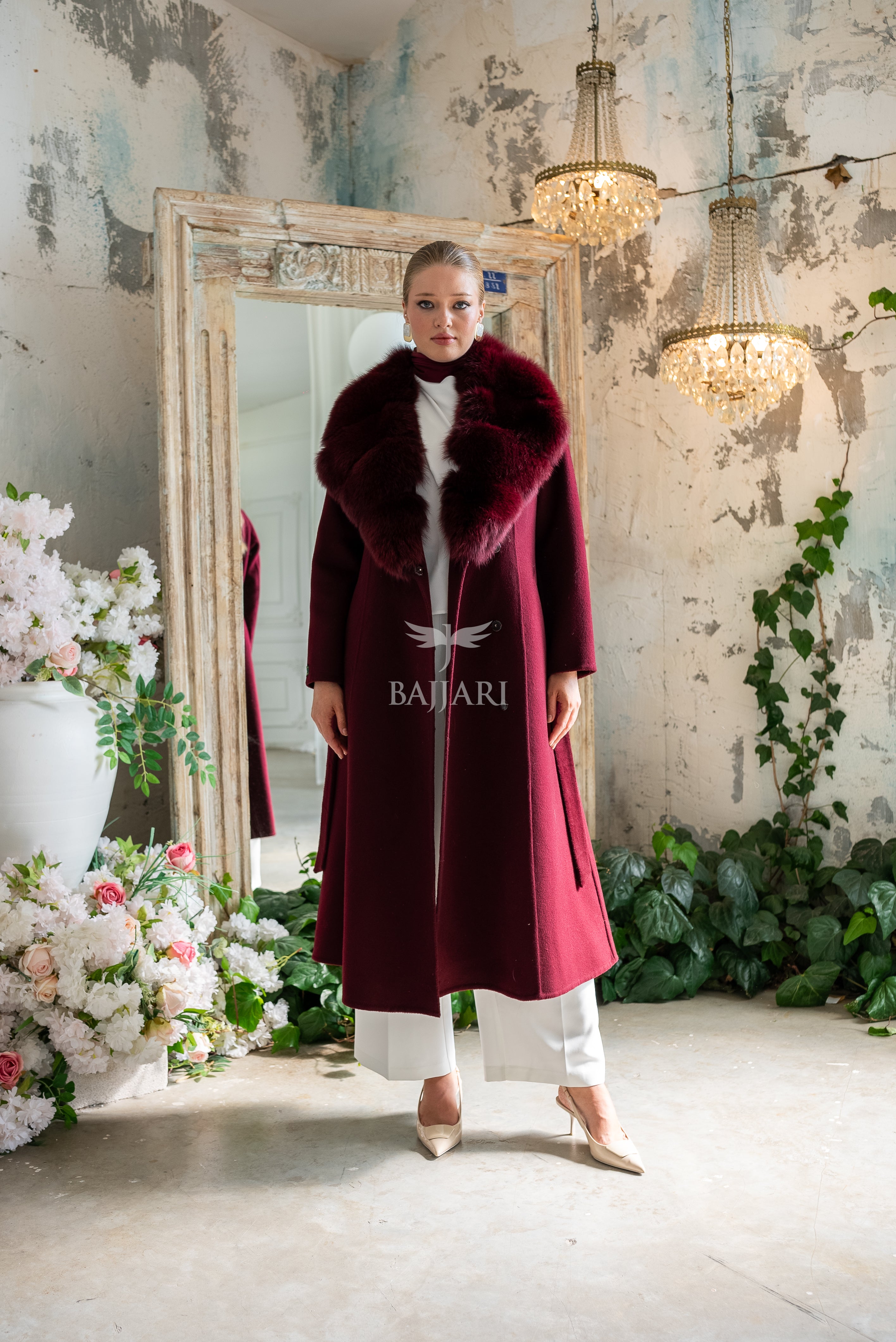 Alpaca Fabric Women's Coat with Real Soft Fox Fur Collar -9492-