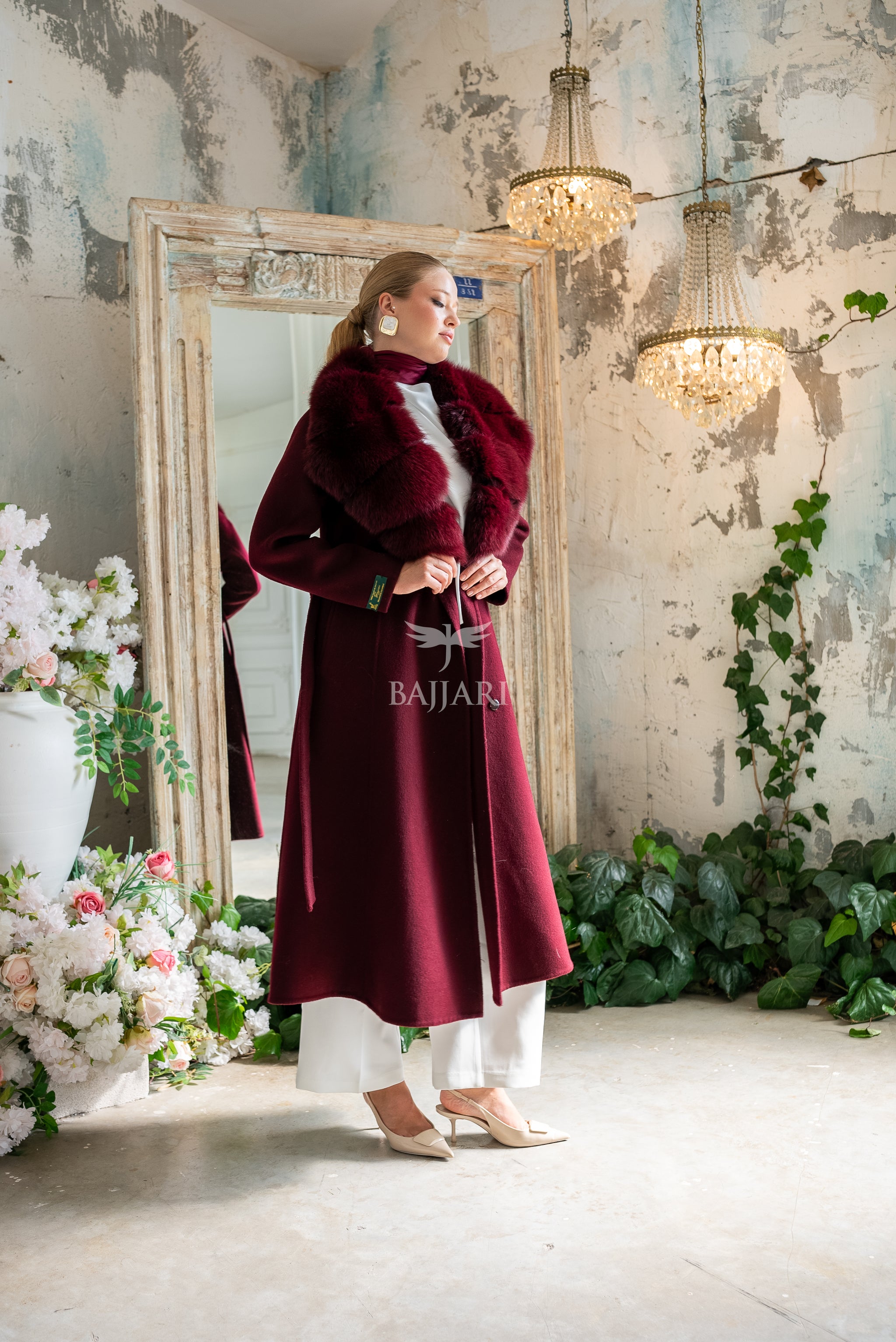 Alpaca Fabric Women's Coat with Real Soft Fox Fur Collar -9492-