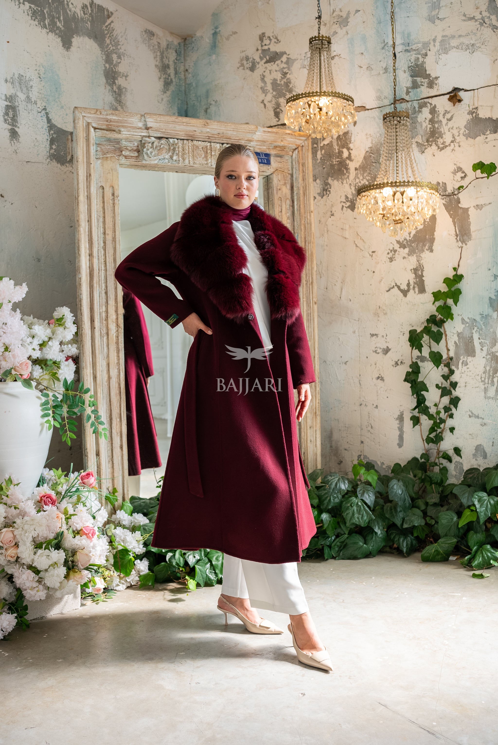 Alpaca Fabric Women's Coat with Real Soft Fox Fur Collar -9492-