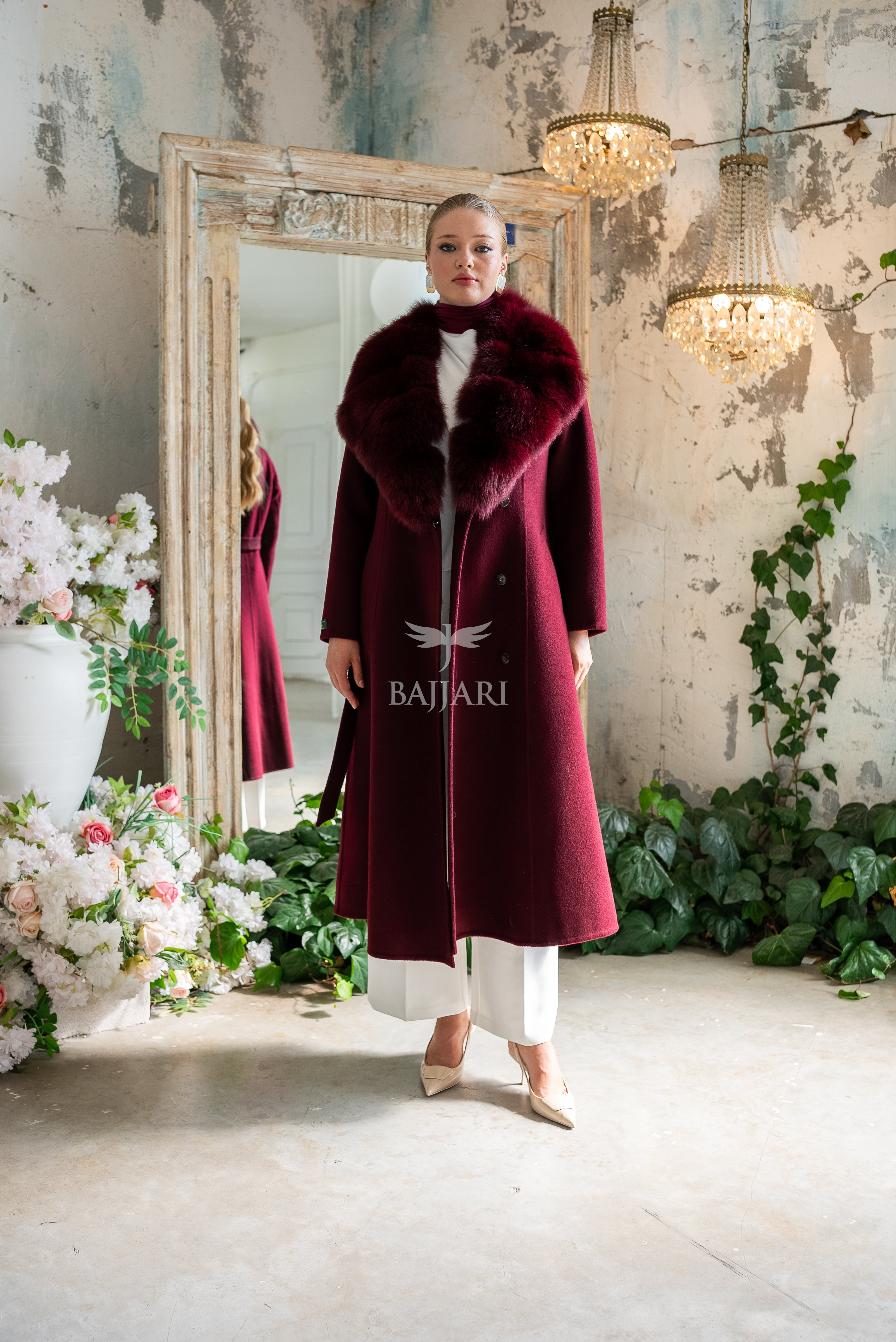 Alpaca Fabric Women's Coat with Real Soft Fox Fur Collar -9492-
