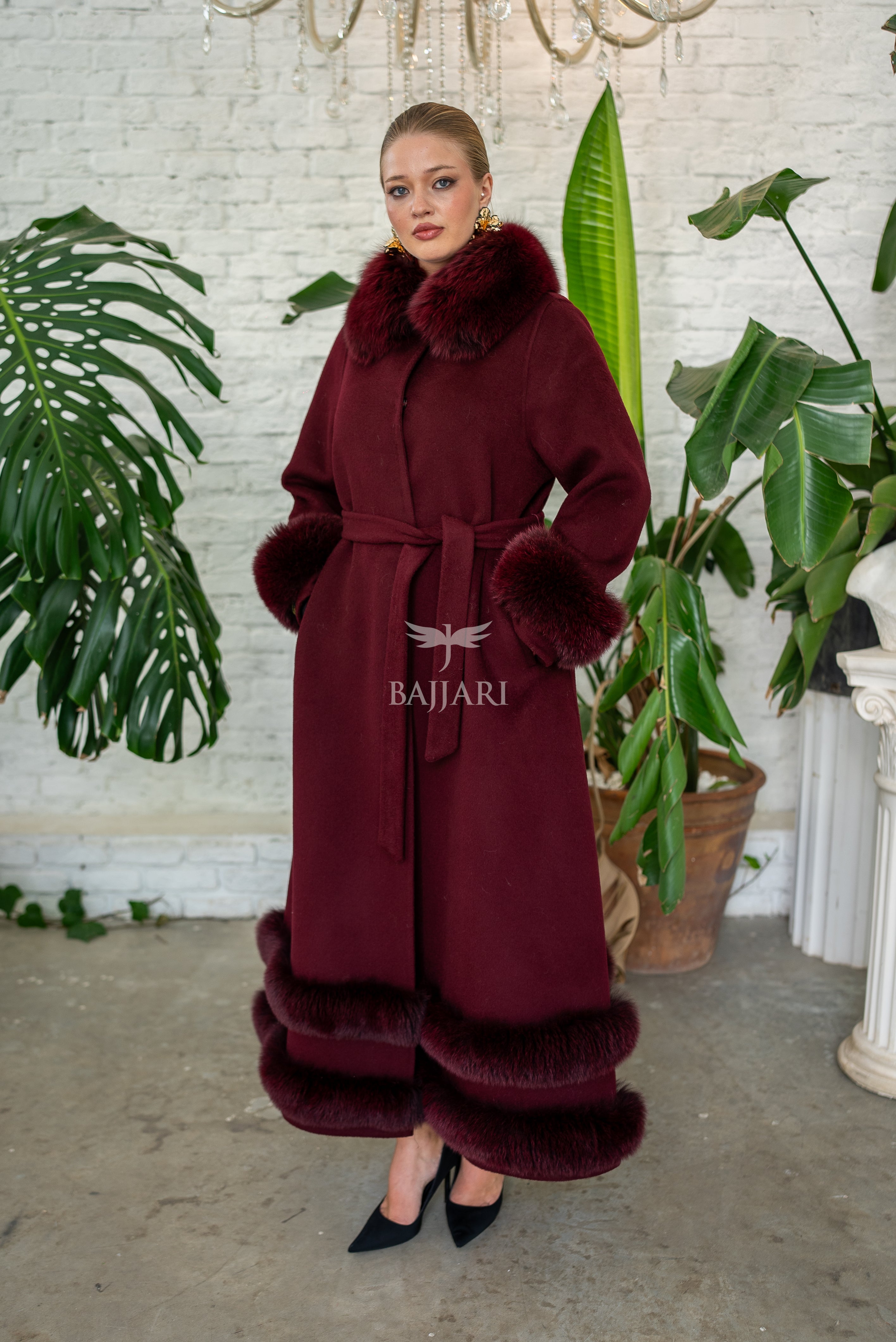 Women’s Coat Offering the Elegance of Luxurious Zibellino Alpaca Fabric with Fox Fur Collar, Sleeve Cuff Details& Fox Ornament Details on the Hemlines -9479-