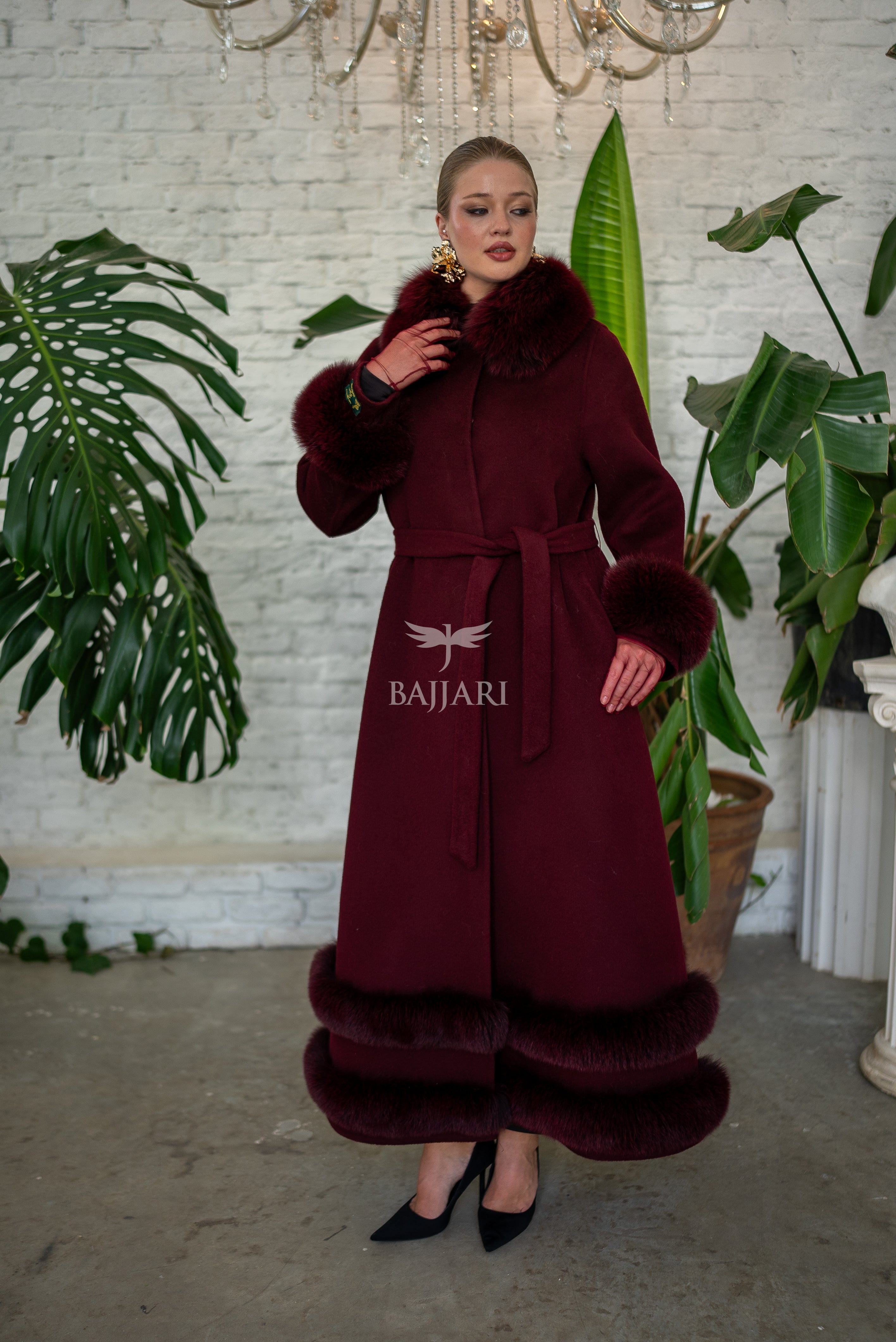 Women’s Coat Offering the Elegance of Luxurious Zibellino Alpaca Fabric with Fox Fur Collar, Sleeve Cuff Details& Fox Ornament Details on the Hemlines -9479-