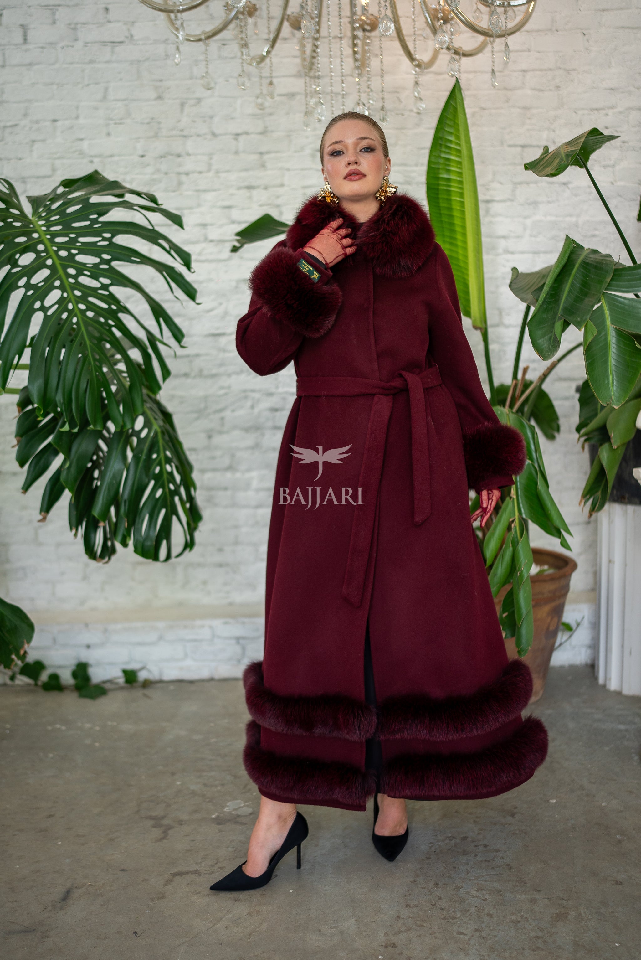 Women’s Coat Offering the Elegance of Luxurious Zibellino Alpaca Fabric with Fox Fur Collar, Sleeve Cuff Details& Fox Ornament Details on the Hemlines -9479-