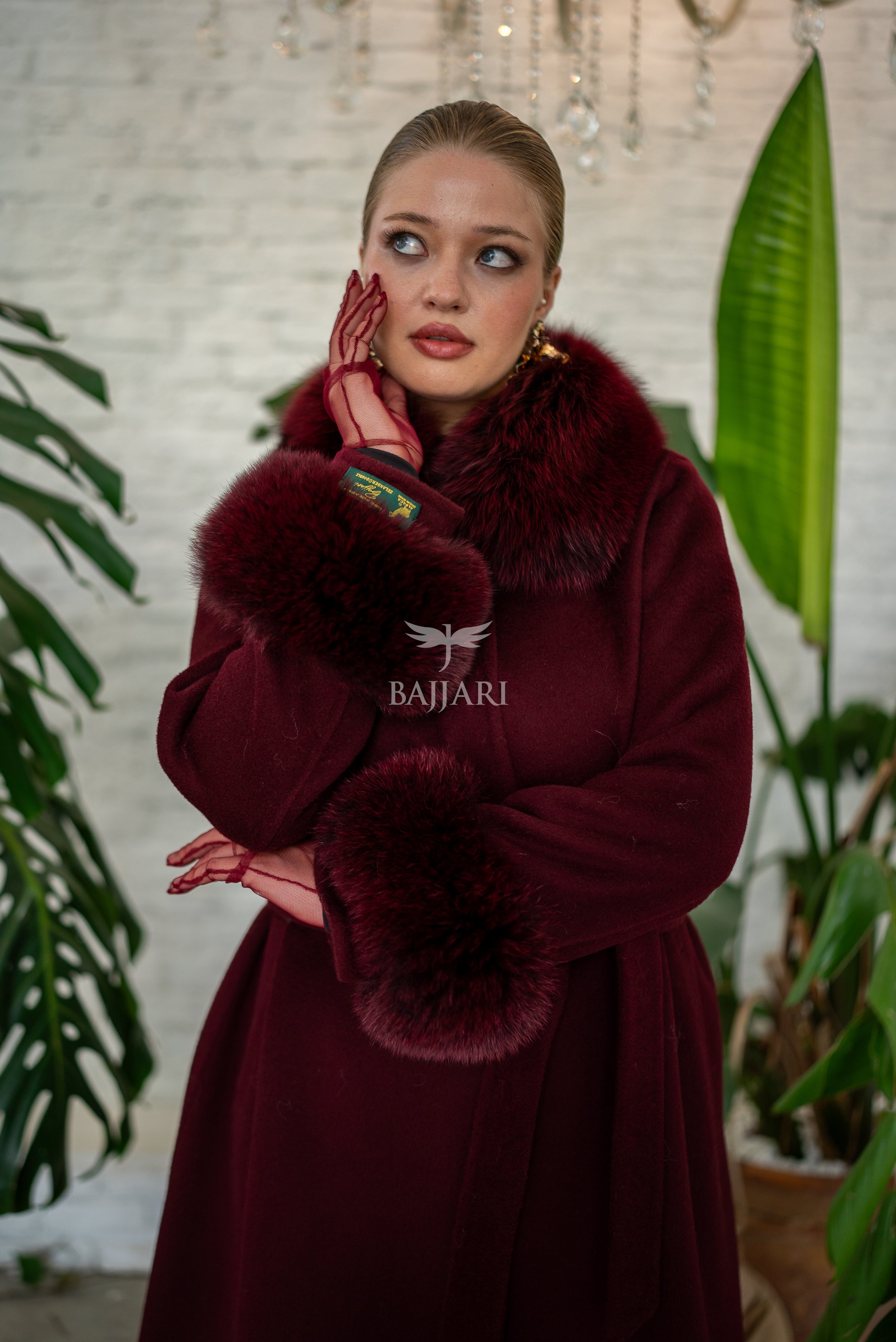 Women’s Coat Offering the Elegance of Luxurious Zibellino Alpaca Fabric with Fox Fur Collar, Sleeve Cuff Details& Fox Ornament Details on the Hemlines -9479-